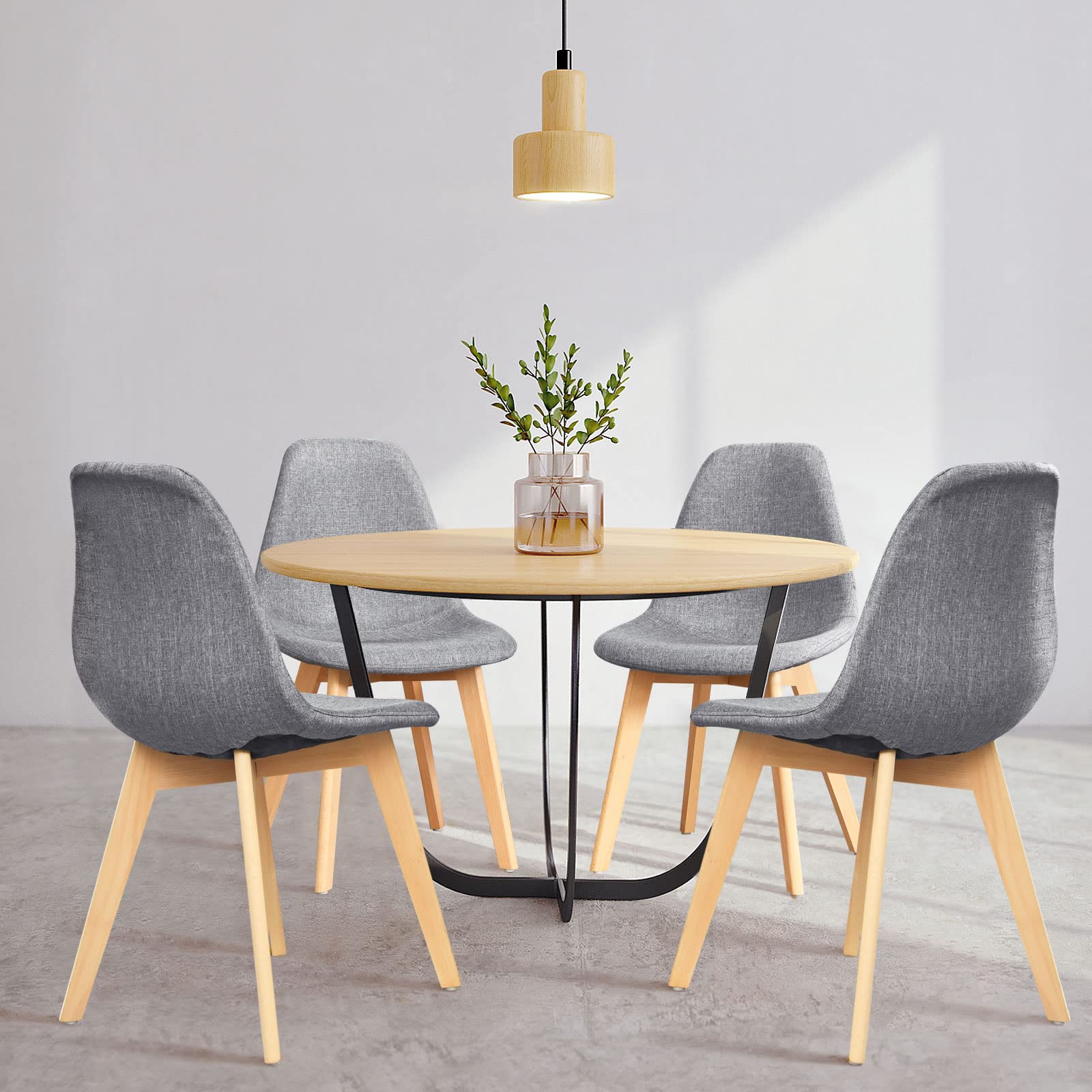 Set of 4 Modern Fabric Dining Chairs with Solid Wood Legs High Backrest Soft Padded Seat