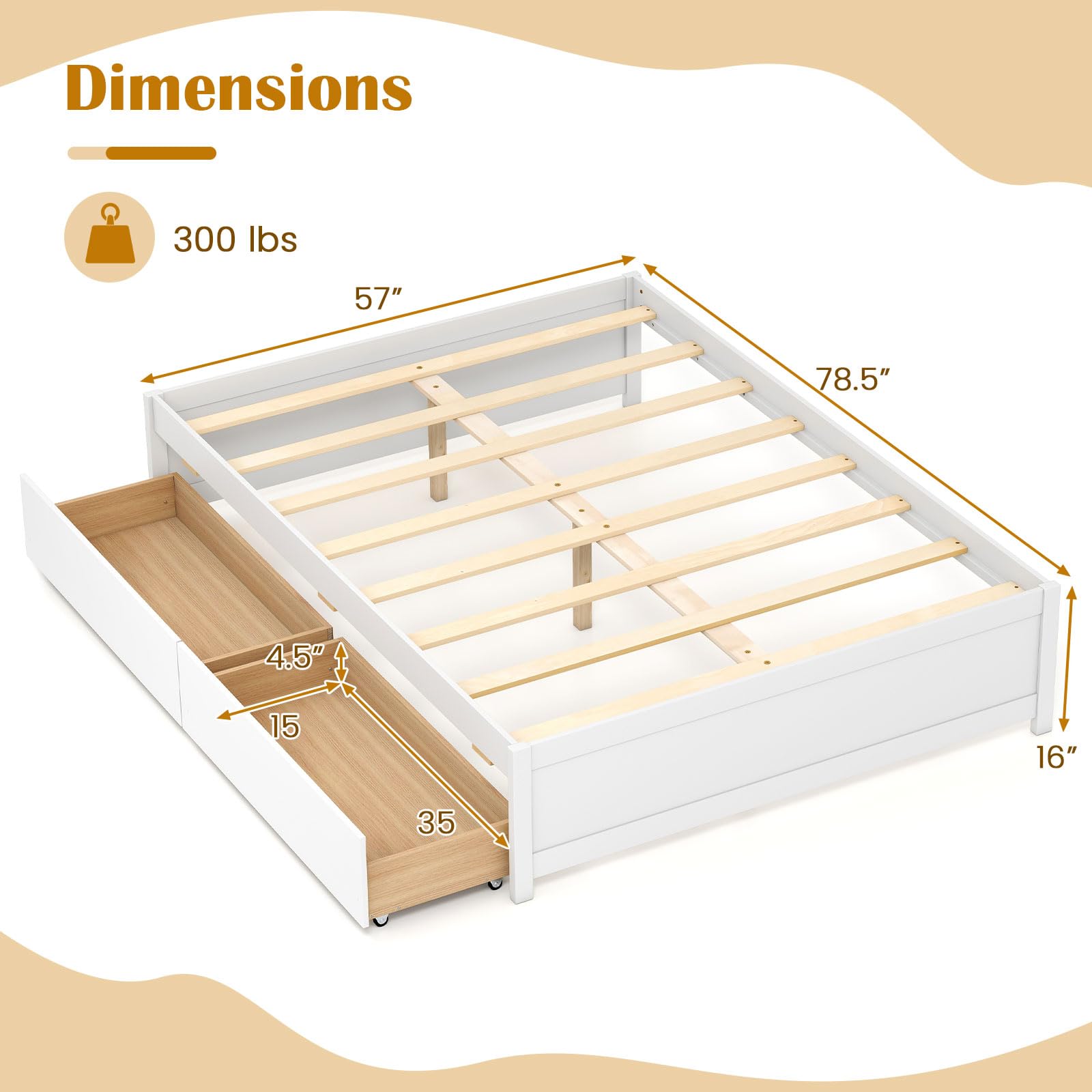 Bed Frame with 2 Storage Drawers, Solid Wood Platform Bed with Slats Support