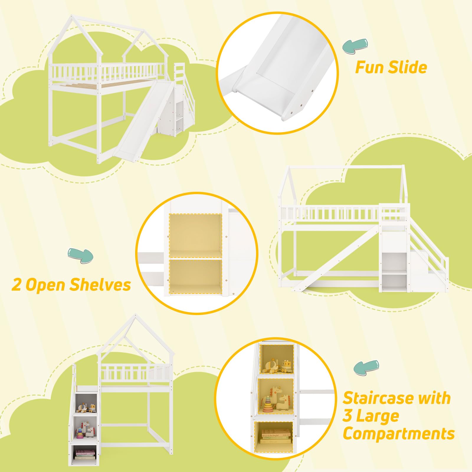 Twin Over Twin  Wood House Bunk Bed with Slide & Stairs, Storage Shelves