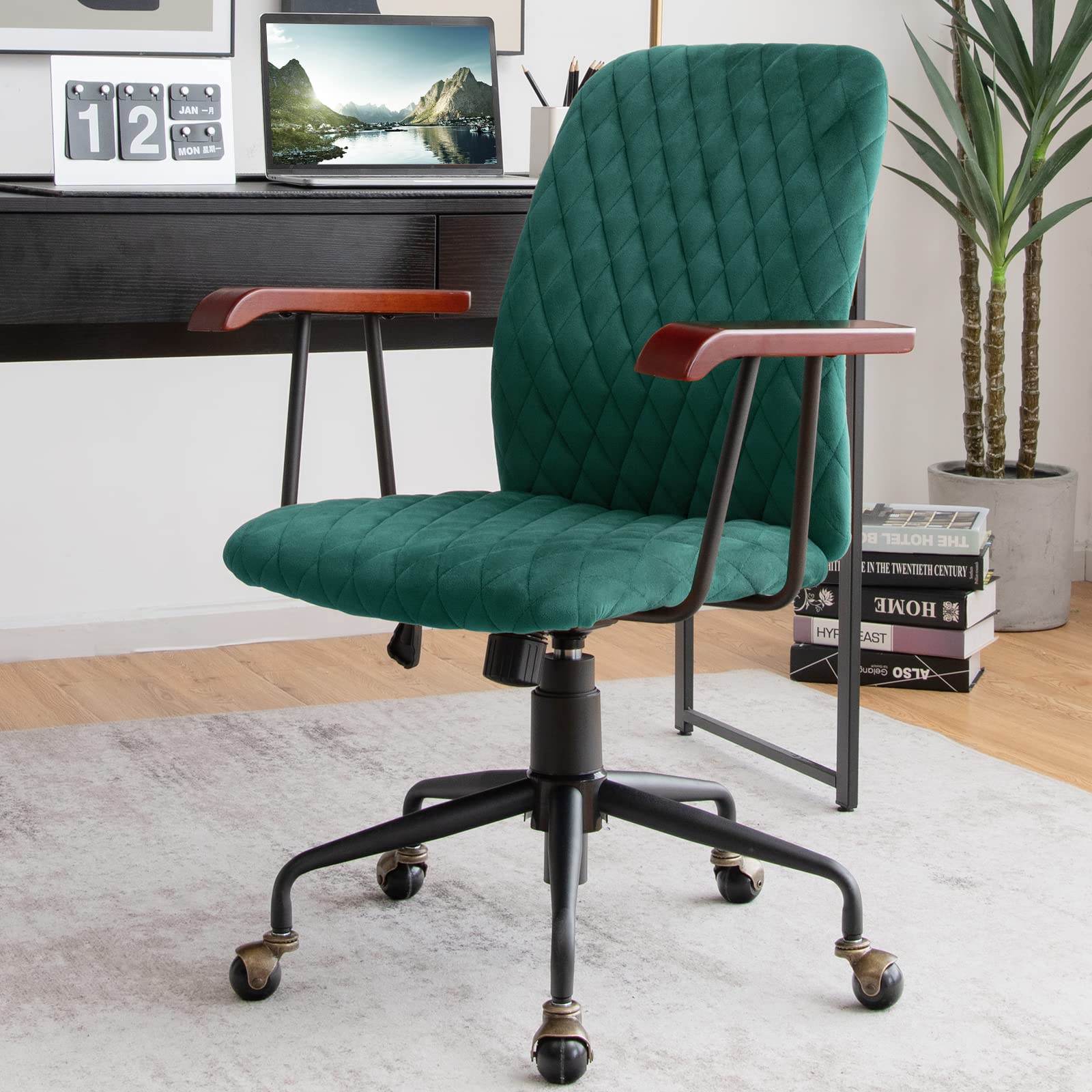 Home Office Desk Chair, Vintage Adjustable Swivel Rolling Chair with Copper Wheels & Armrest
