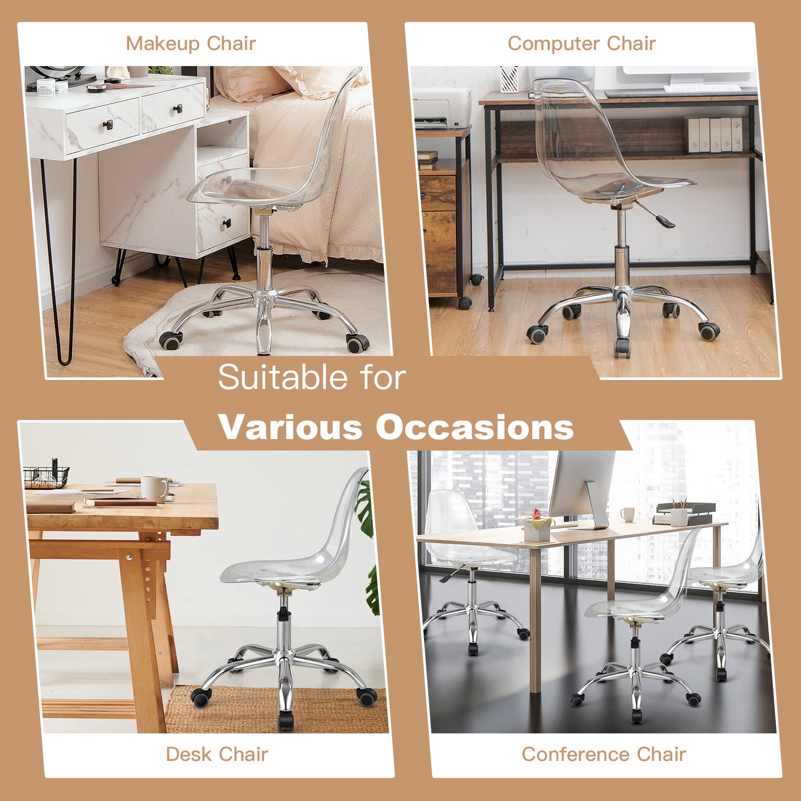Acrylic Clear Desk Chair, Armless Swivel Vanity Ghost Plastic Chair with Sturdy Metal Base & Smooth Wheels