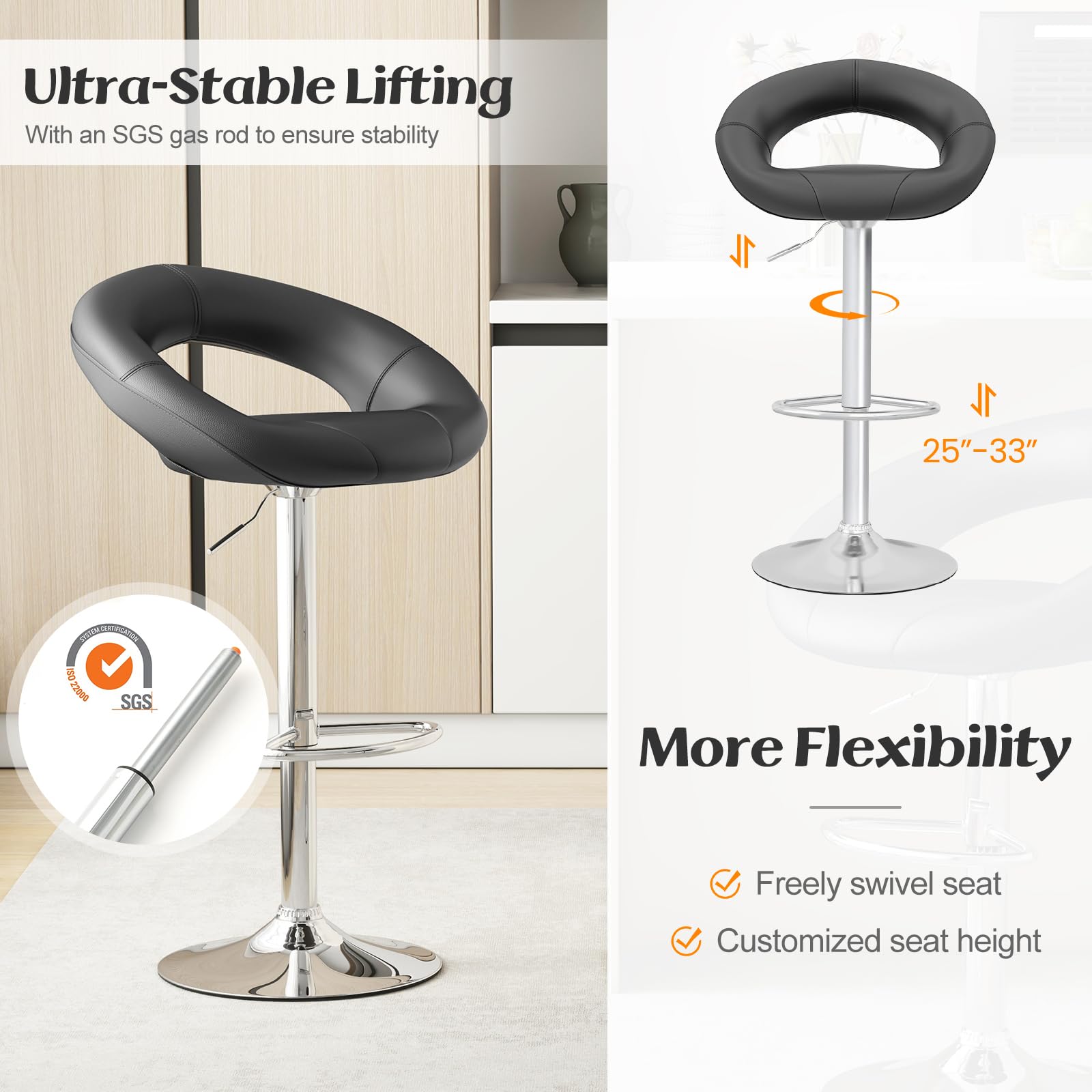 Adjustable Swivel Bar Stools Set of 2/4, Modern PU Leather Counter Height Bar Chairs w/Hollowed Back, Footrest, Metal Base