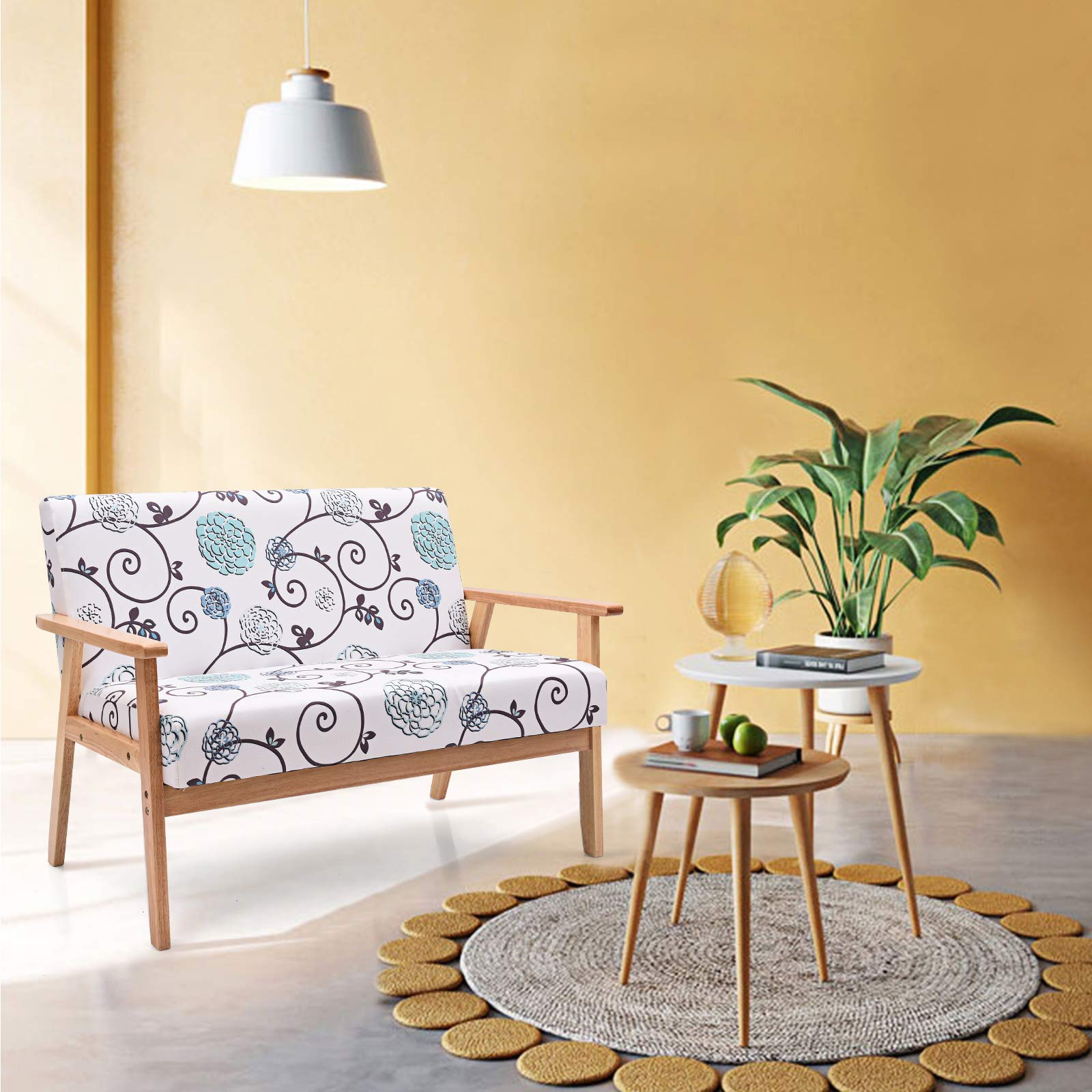 2-Seat Mid-Century Upholstered Wooden Loveseat w/Rubber Wood