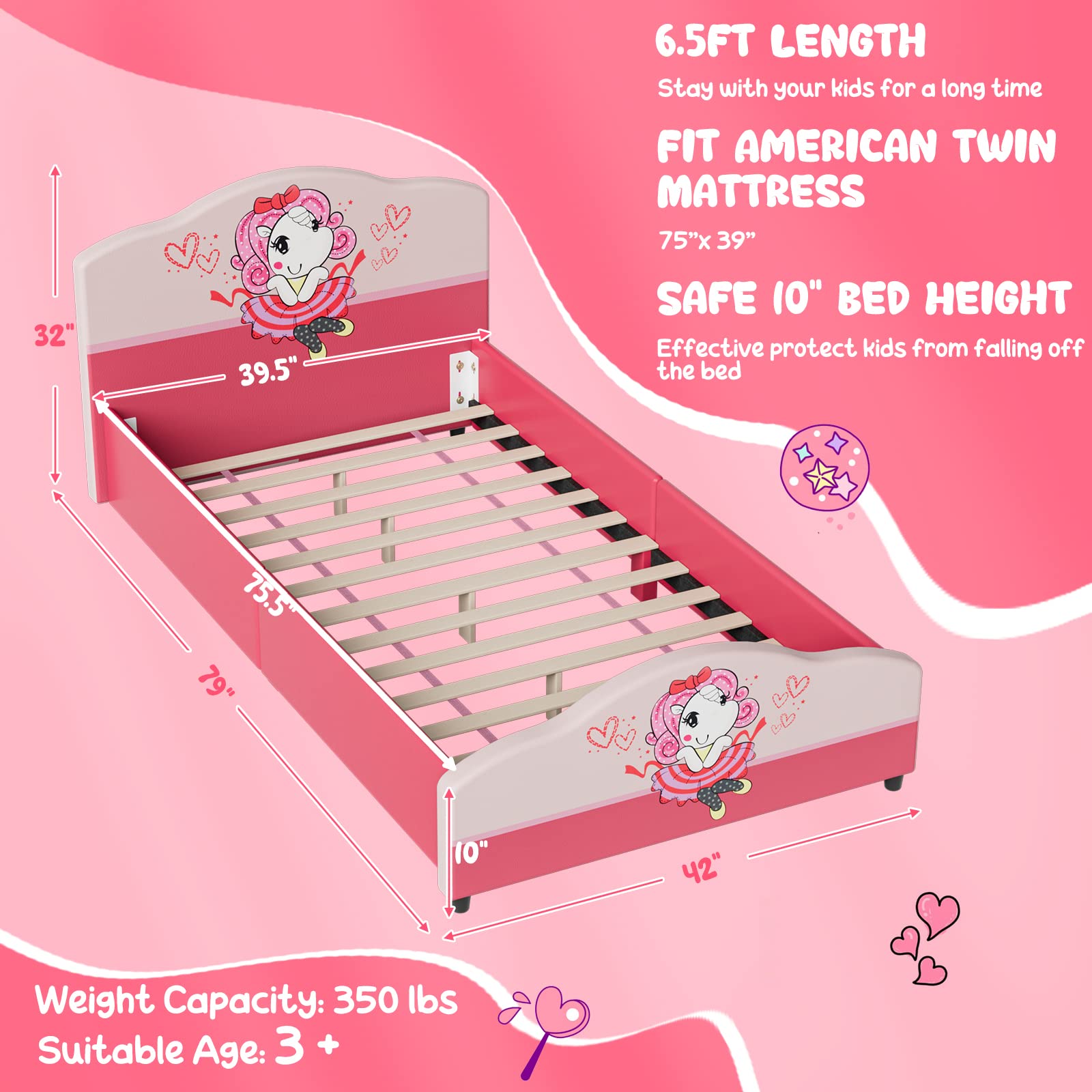 Kids Twin Bed Frame with Headboard, Toddler Upholstered Platform Bed with Slatted Bed Base
