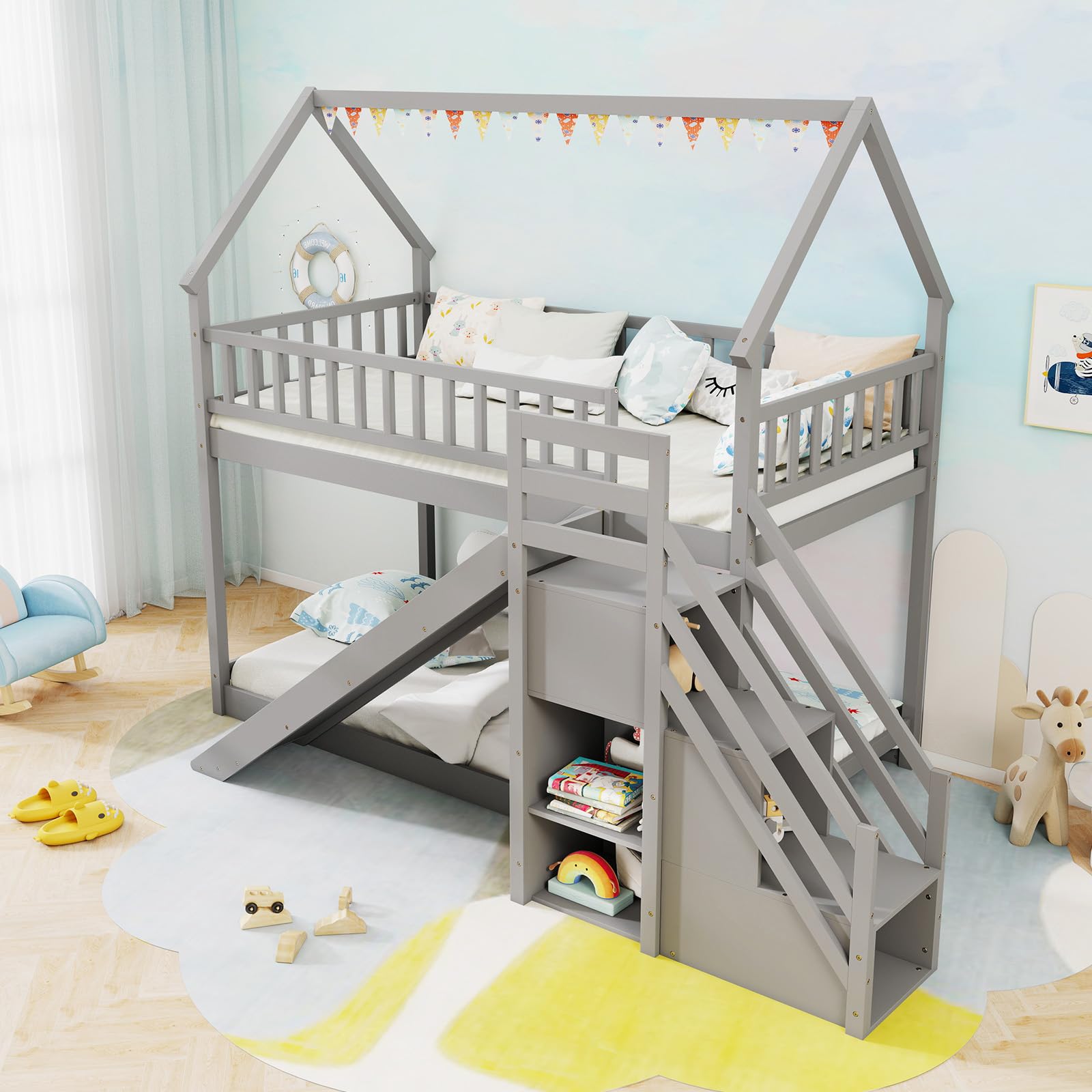 Twin Over Twin  Wood House Bunk Bed with Slide & Stairs, Storage Shelves