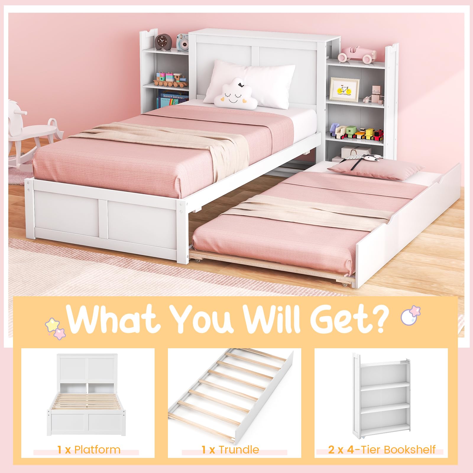 Twin Wood Daybed with Trundle with 2 Rolling Bookcases & High Headboard
