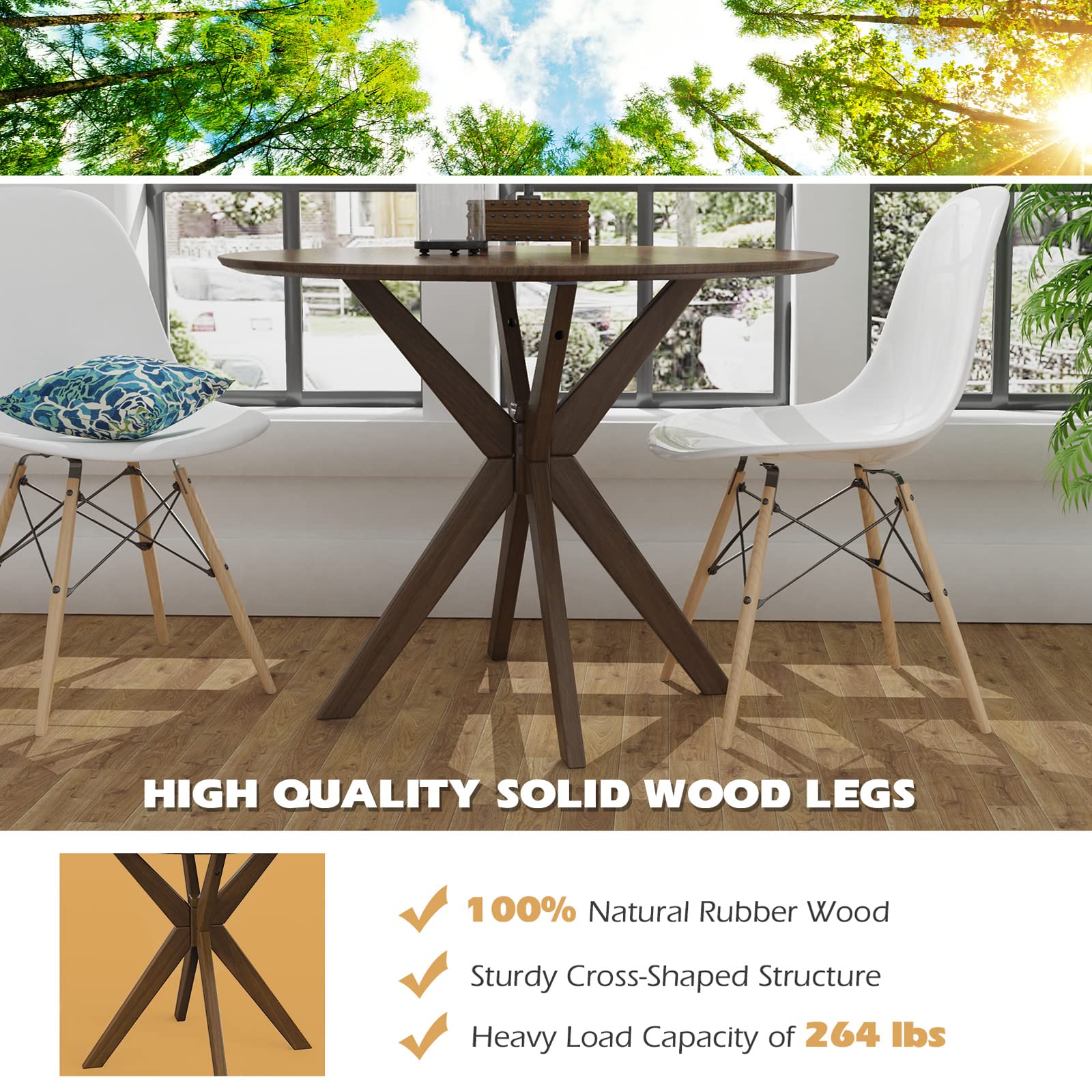36" Round Dining Table, Solid Wood Kitchen Table with Intersecting Pedestal Base and Adjustable Foot Pads