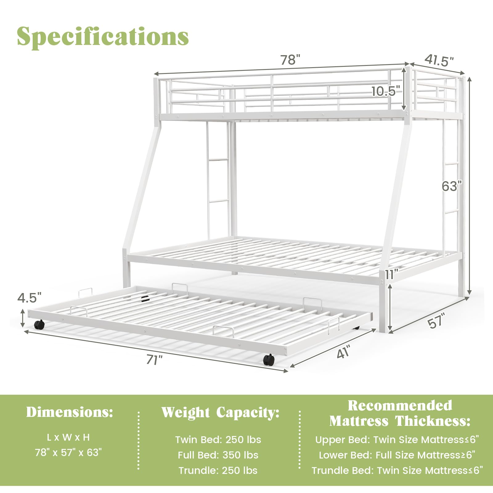 Twin Over Full Heavy-Duty Metal Bunk Bed with Trundle, Guardrail & 2 Ladders