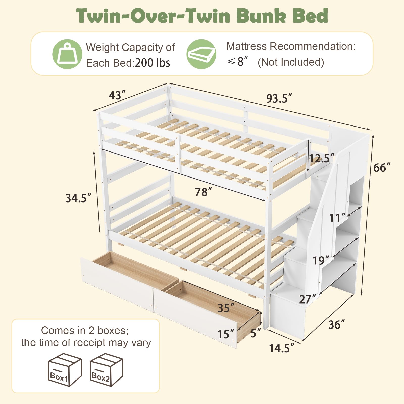 Wood Twin Over Twin Bunk Bed with 2 Storage Drawers & Stairs