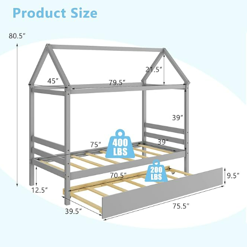 Twin Size Wood House Bed with Trundle and Roof