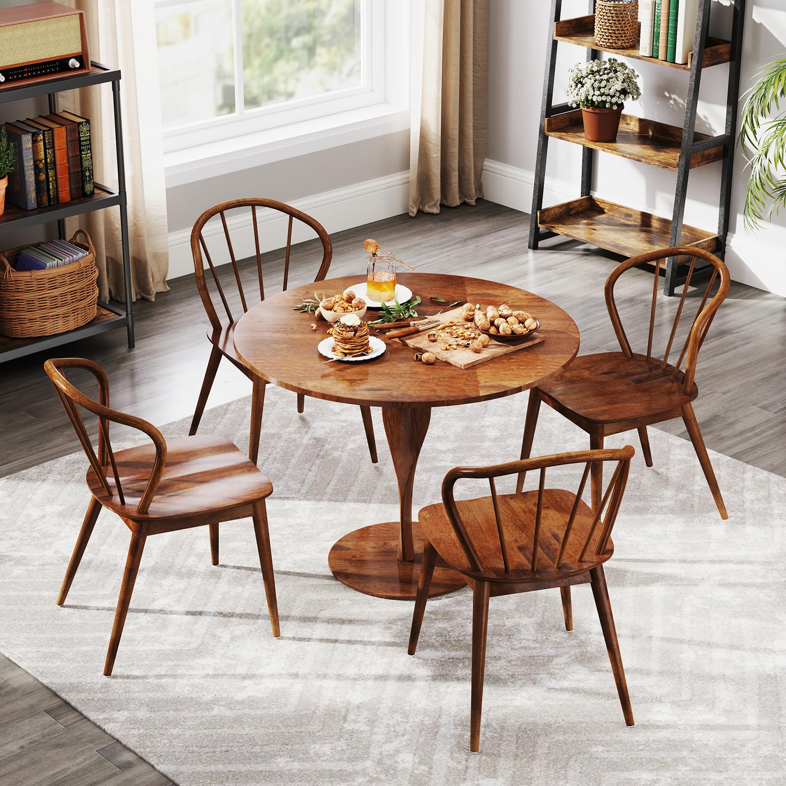 Wooden Dining Chairs Set of 2/4, Windsor Kitchen Chairs w/High Spindle Back & Rubber Wood Legs, Wide Seat & Curved Backrest