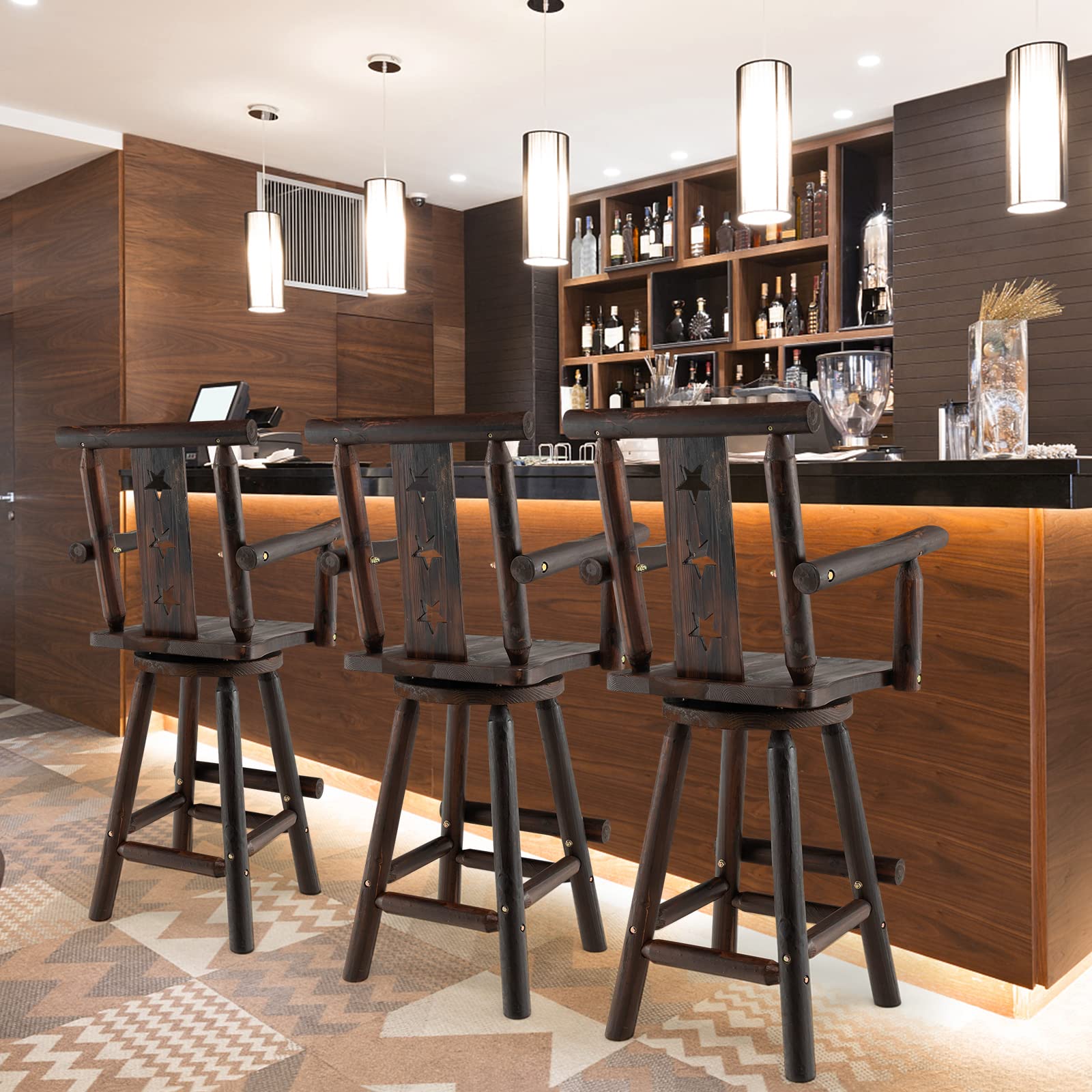 360&deg; Swivel Wood Bar Stools Set of 2 with Footrest, Decorative Star Backrest, Wide Armrest