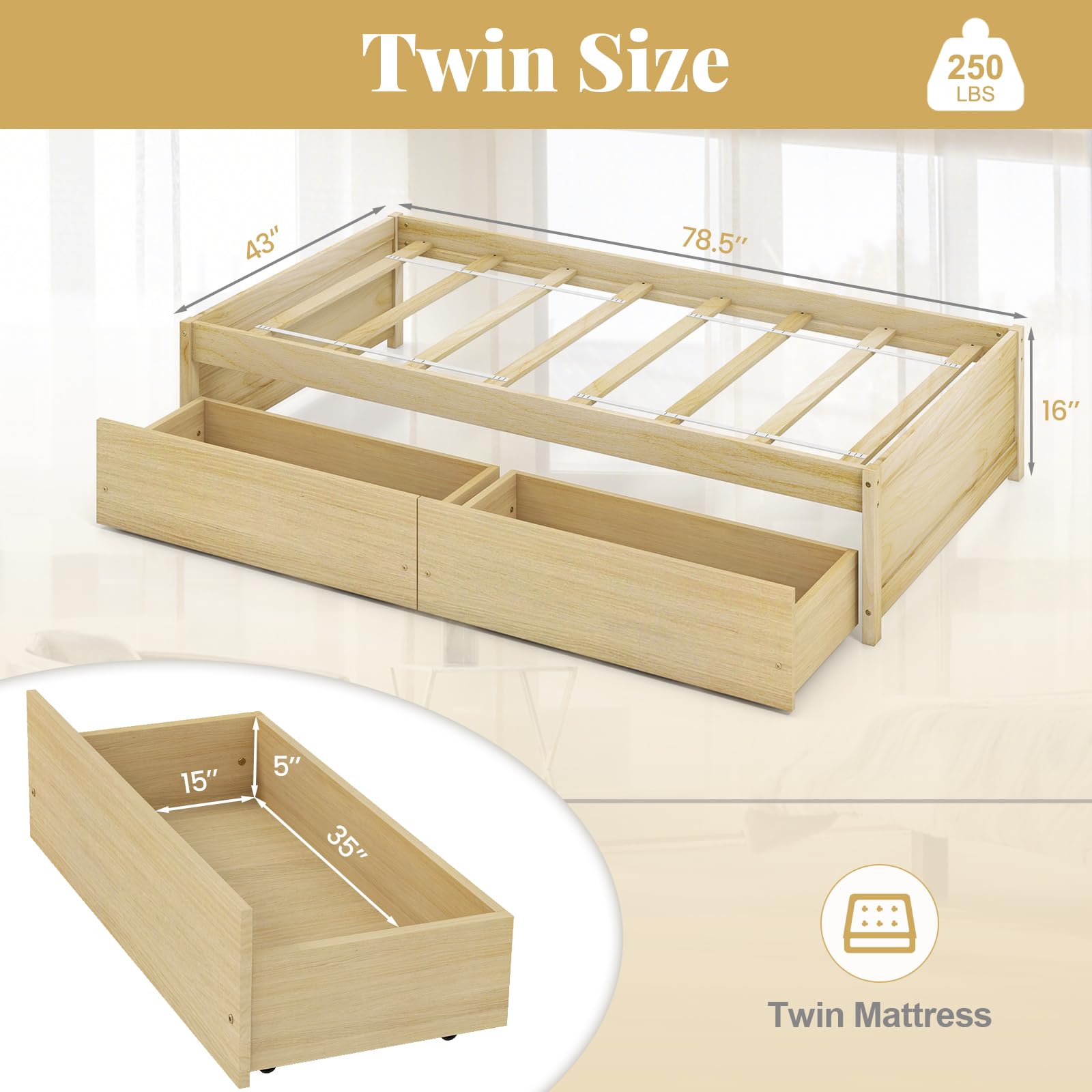Bed Frame with 2 Storage Drawers, Solid Wood Platform Bed with Slats Support