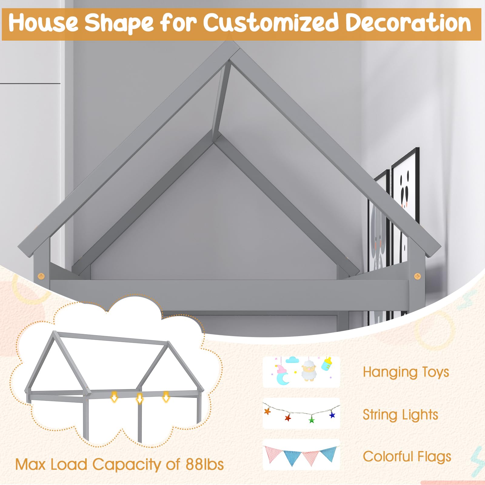 Twin Size House Bed for Kids, Solid Wood Platform Floor Bed with Roof & Multiple Slats