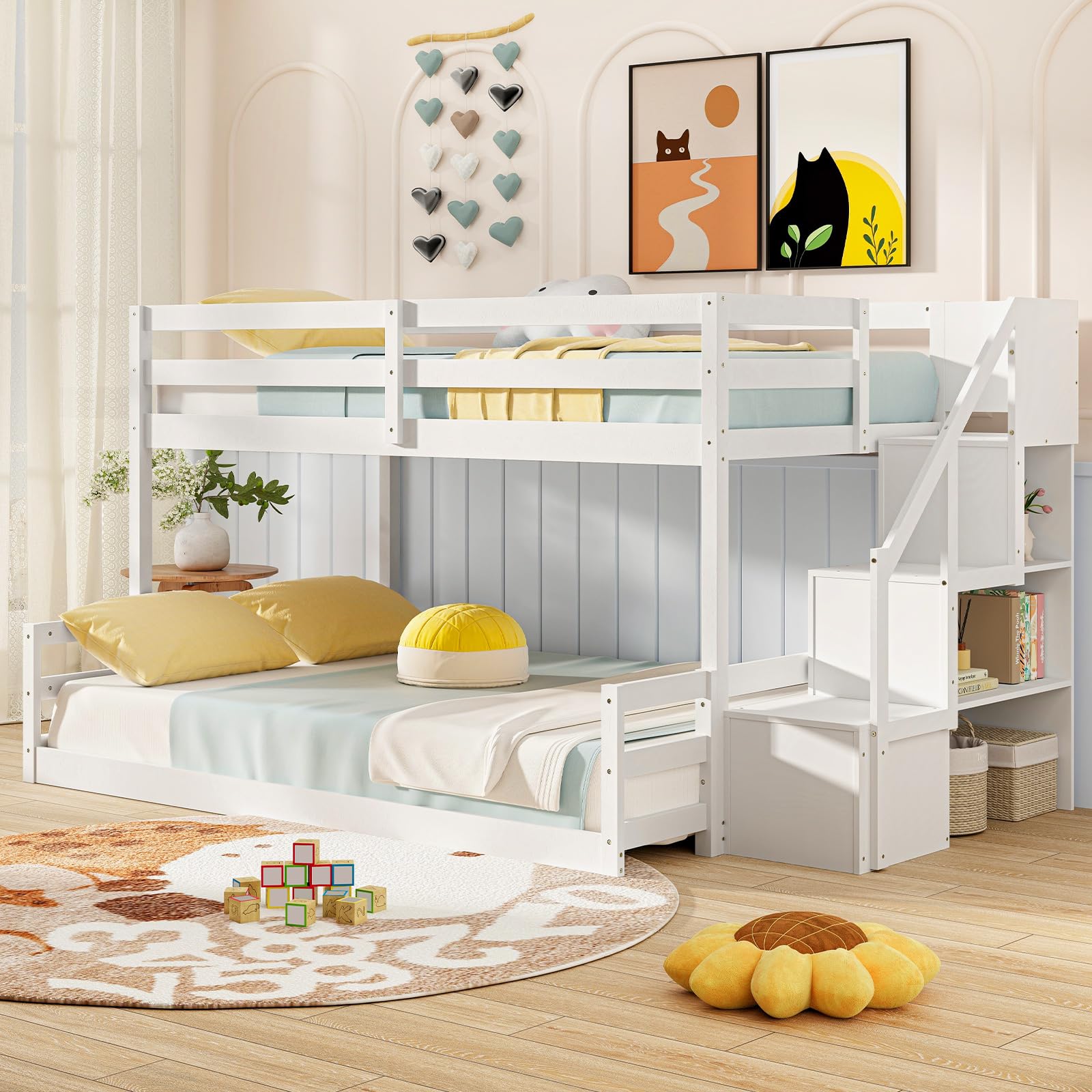 Bunk Bed with Stairs, Solid Wood Floor Bunk Bed with Storage Staircase & Full-Length Guardrails