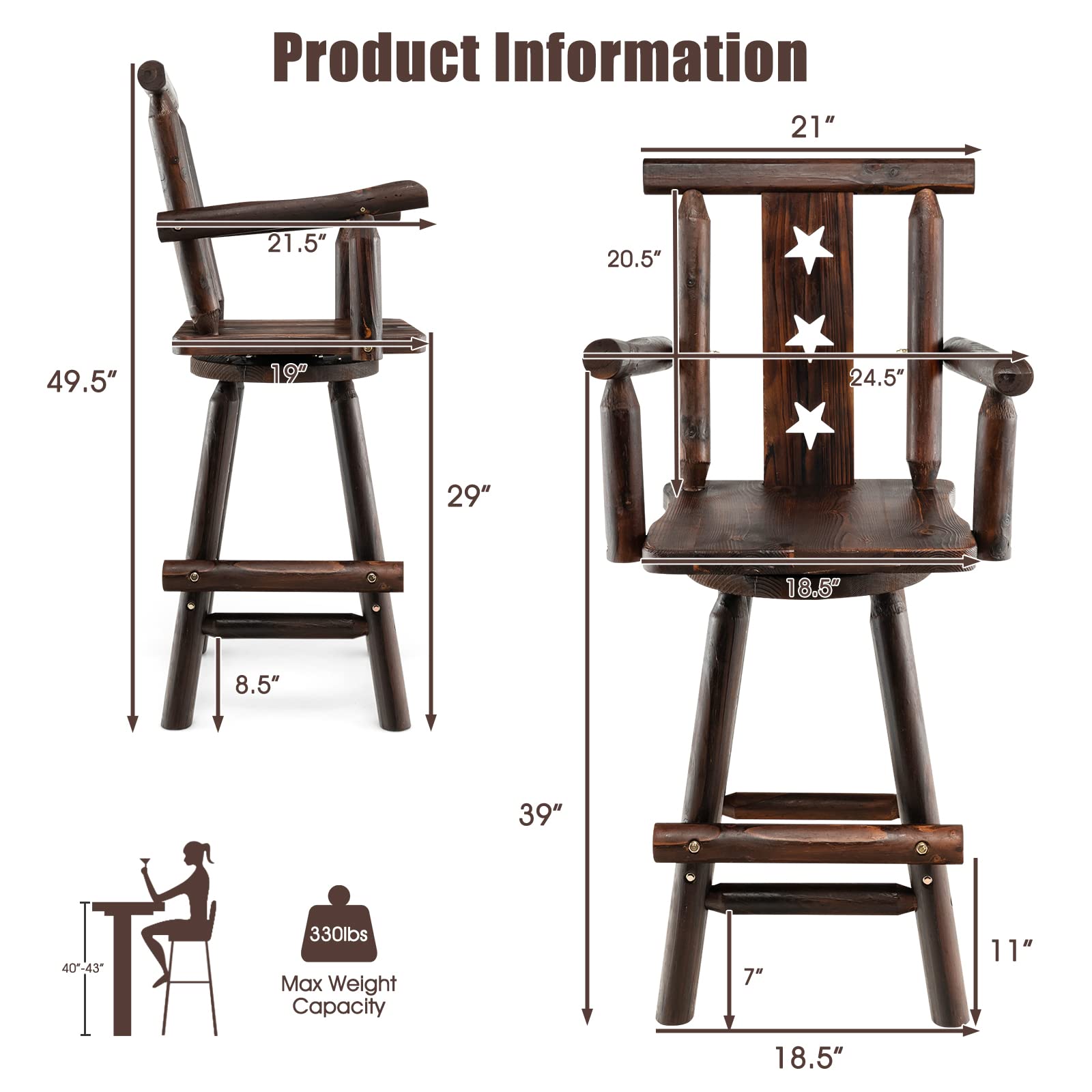 360&deg; Swivel Wood Bar Stools Set of 2 with Footrest, Decorative Star Backrest, Wide Armrest