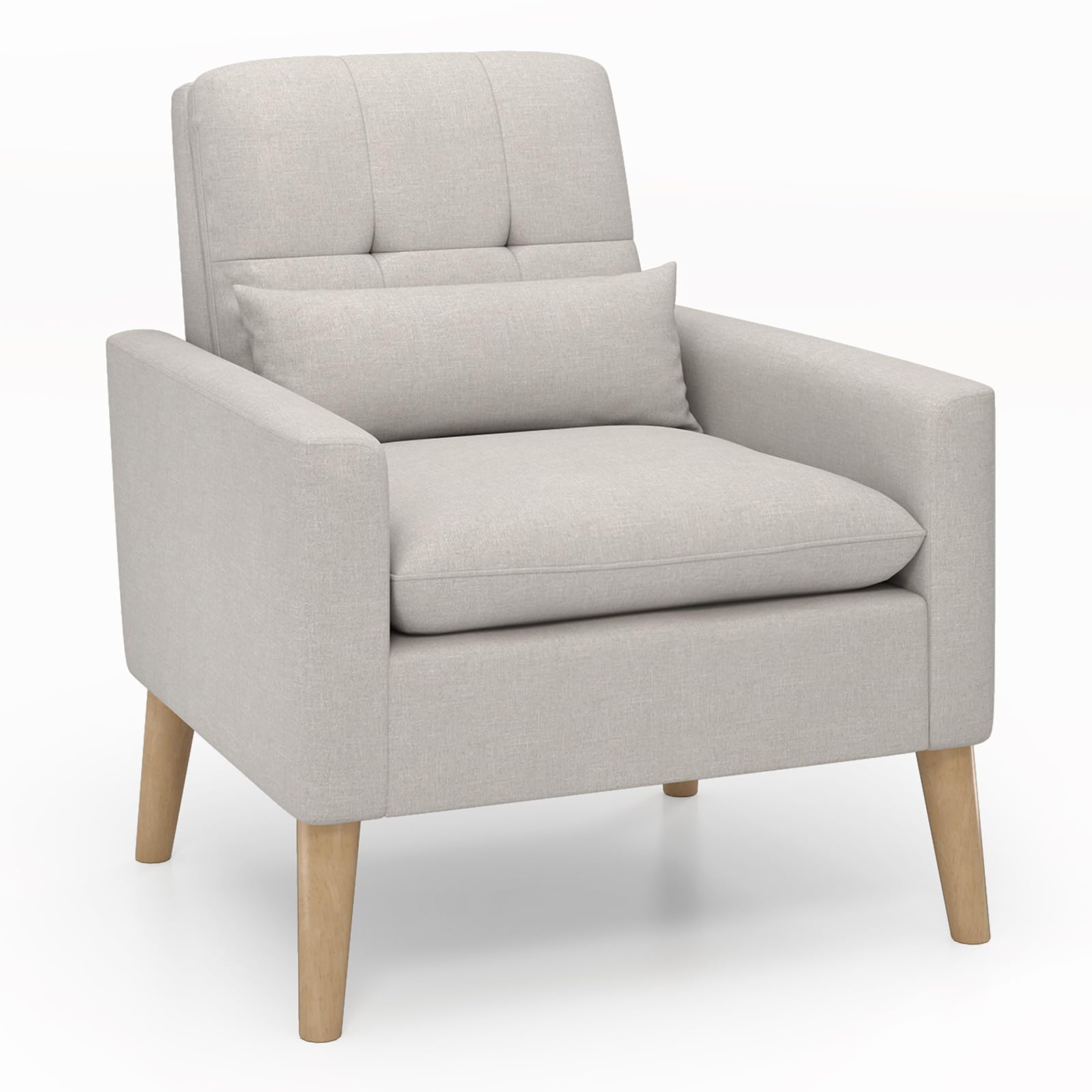 Modern Linen Accent Chair, Upholstered Tufted Armchair with Lumbar Pillow, Rubber Wood Legs, Padded Cushion