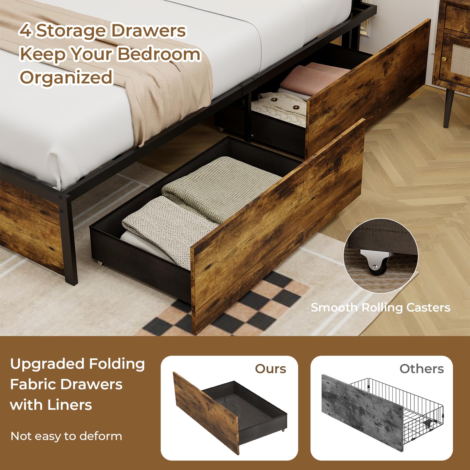 Industrial Bed Frame with 4 Drawers & LED Lights Headboard