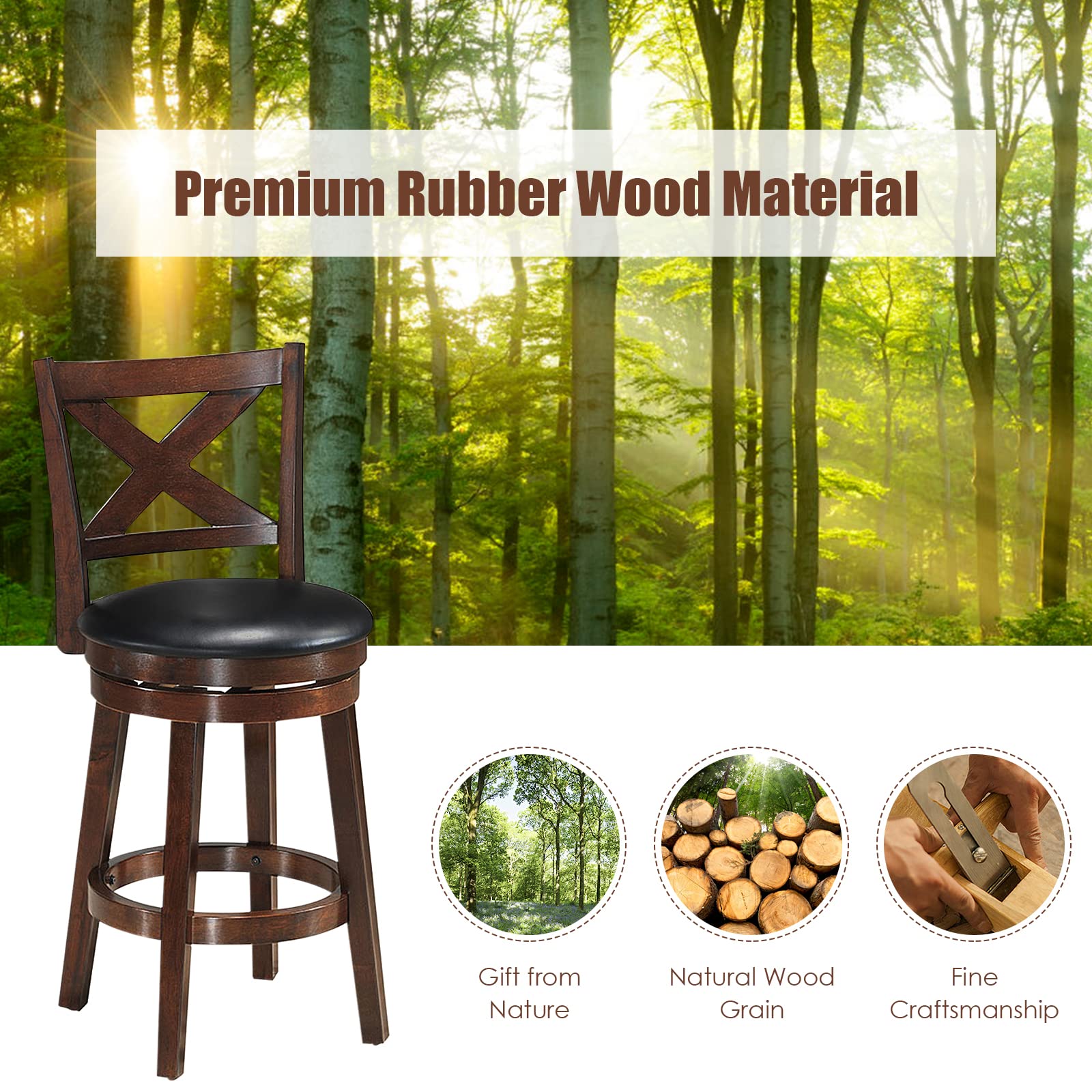 Bar Stools, Counter Height Dining Chair, Fabric Upholstered 360 Degree Swivel, PVC Cushioned Seat