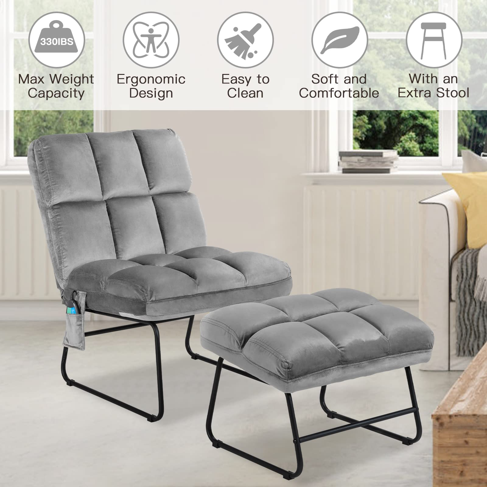 Massage Chair with Ottoman, 5 Vibration Modes & 4 Massage Motors, Velvet Fabric-Nice to Touch, Remote Control and Side Pocket