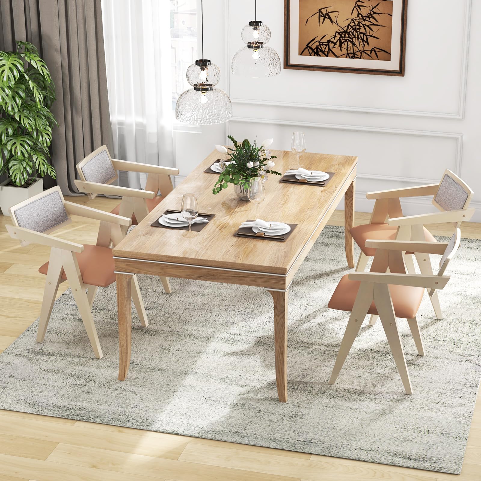 Wooden Dining Chairs Set of 2/4, Mid Century Upholstered Kitchen Chairs w/Leathaire Seat Cushions & Sherpa Backrests