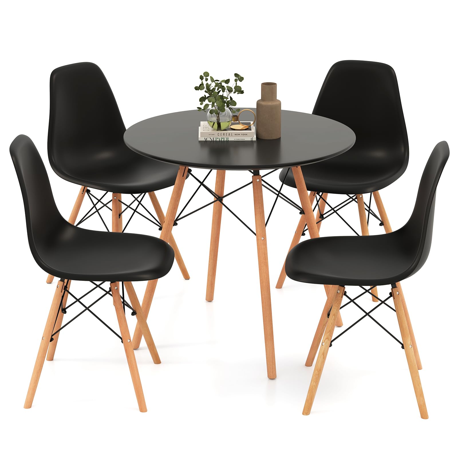 Round Dining Table Set for 4, Modern 31.5" D Dining Table & 4 Dining Chairs with Solid Wood Legs