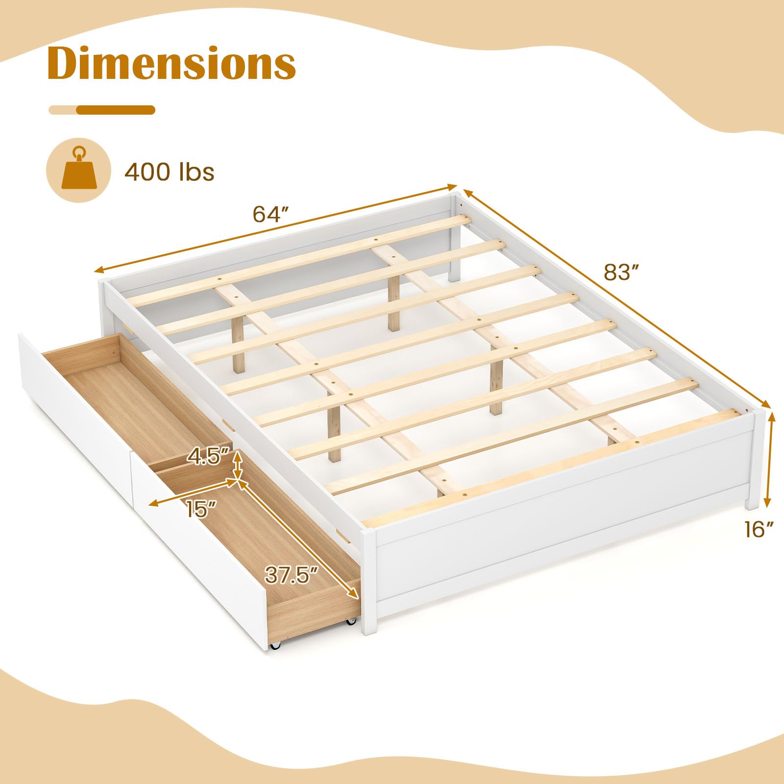 Bed Frame with 2 Storage Drawers, Solid Wood Platform Bed with Slats Support