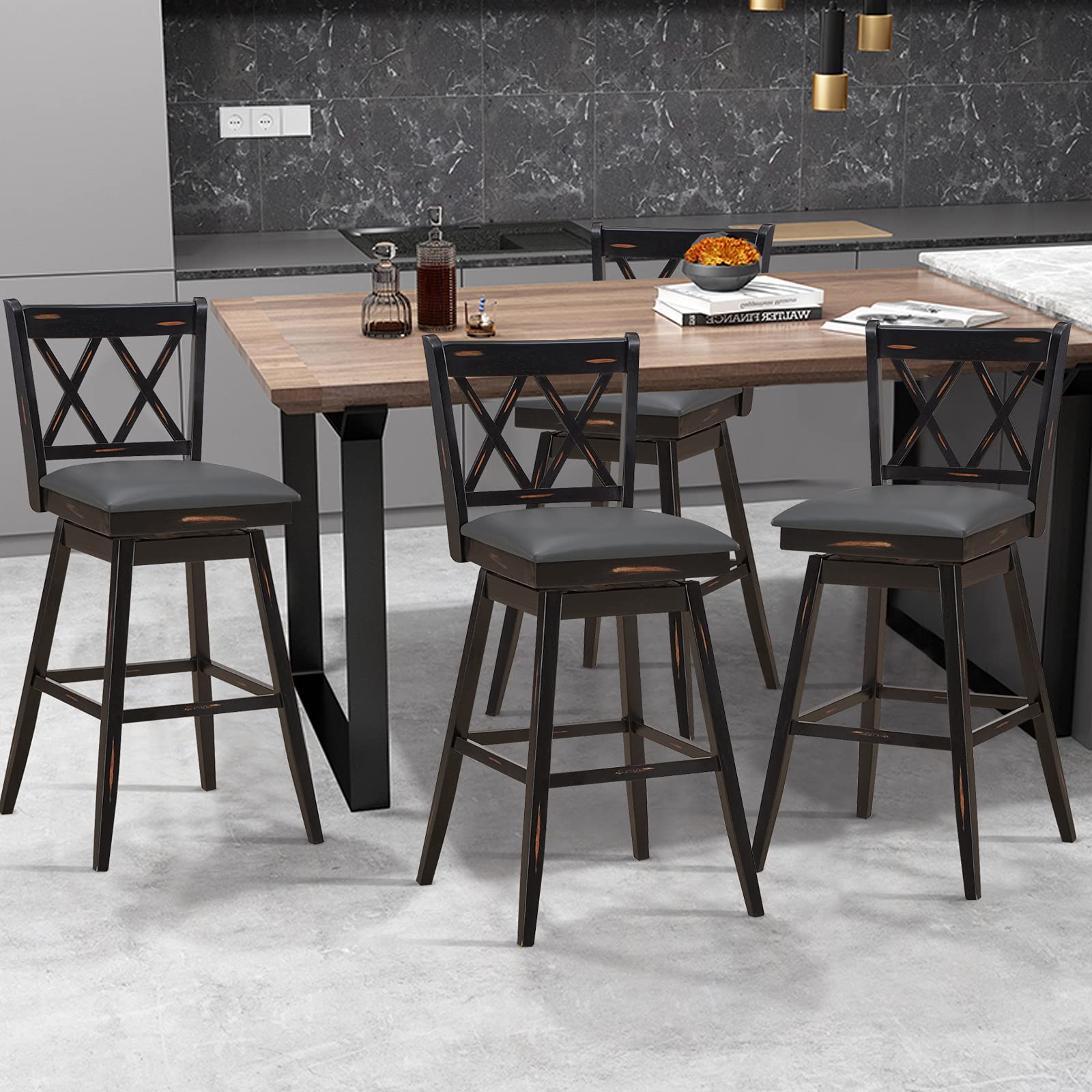 360 &deg; Swivel Bar Stool Set of 2/4 with Foot Rest Upholstered Cushion & Ergonomic Backrest