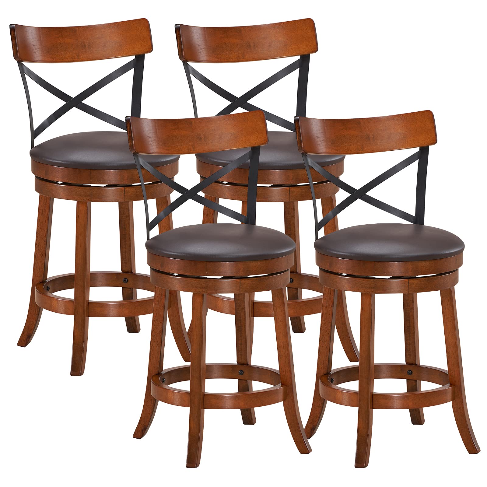 360-Degree Swivel Solid Wood  Bar Stool Set of 2/4 with Soft Cushion & Backrest