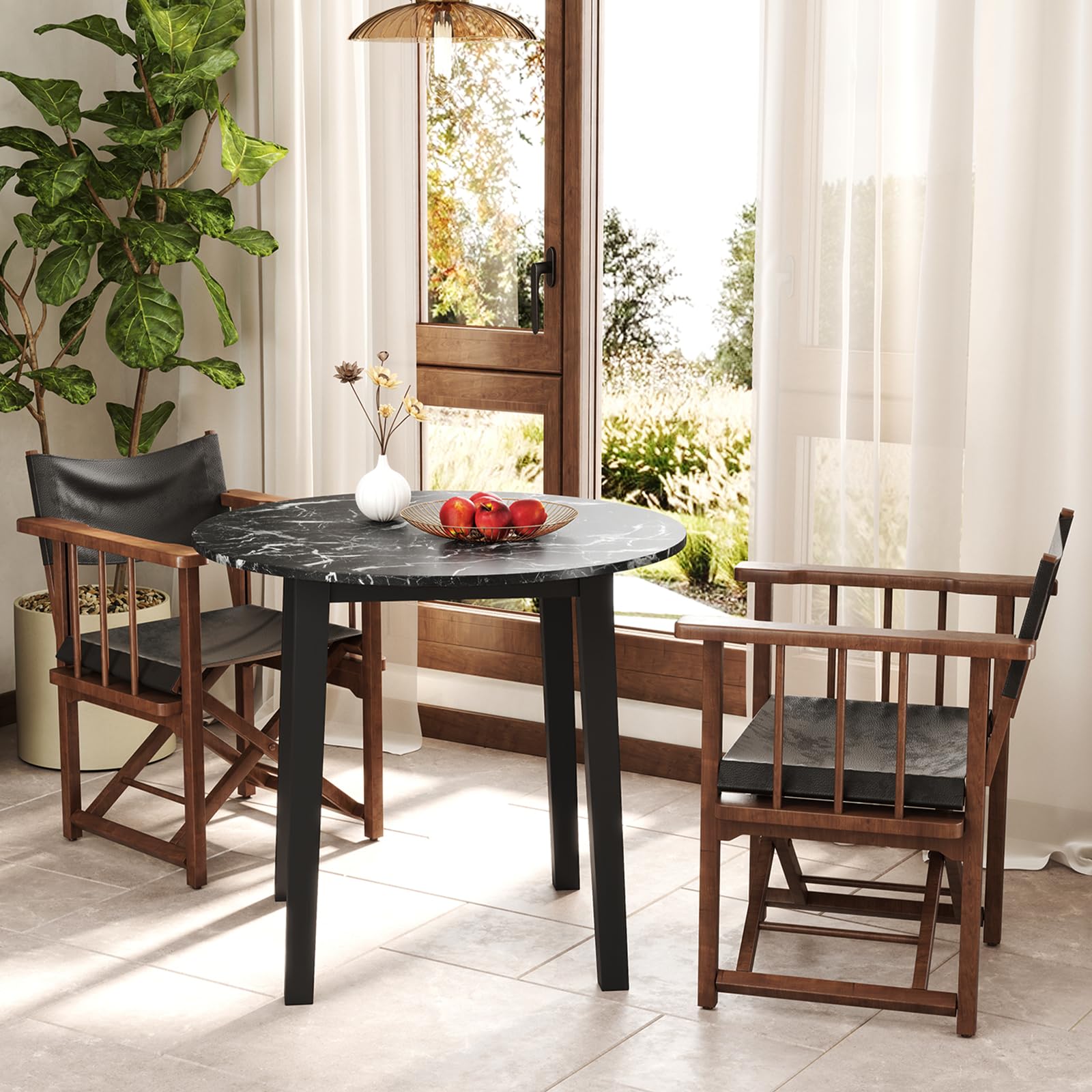 35&rdquo; Round Dining Table - Kitchen Table with Rubber Wood Legs, Marble-Textured Veneer Tabletop