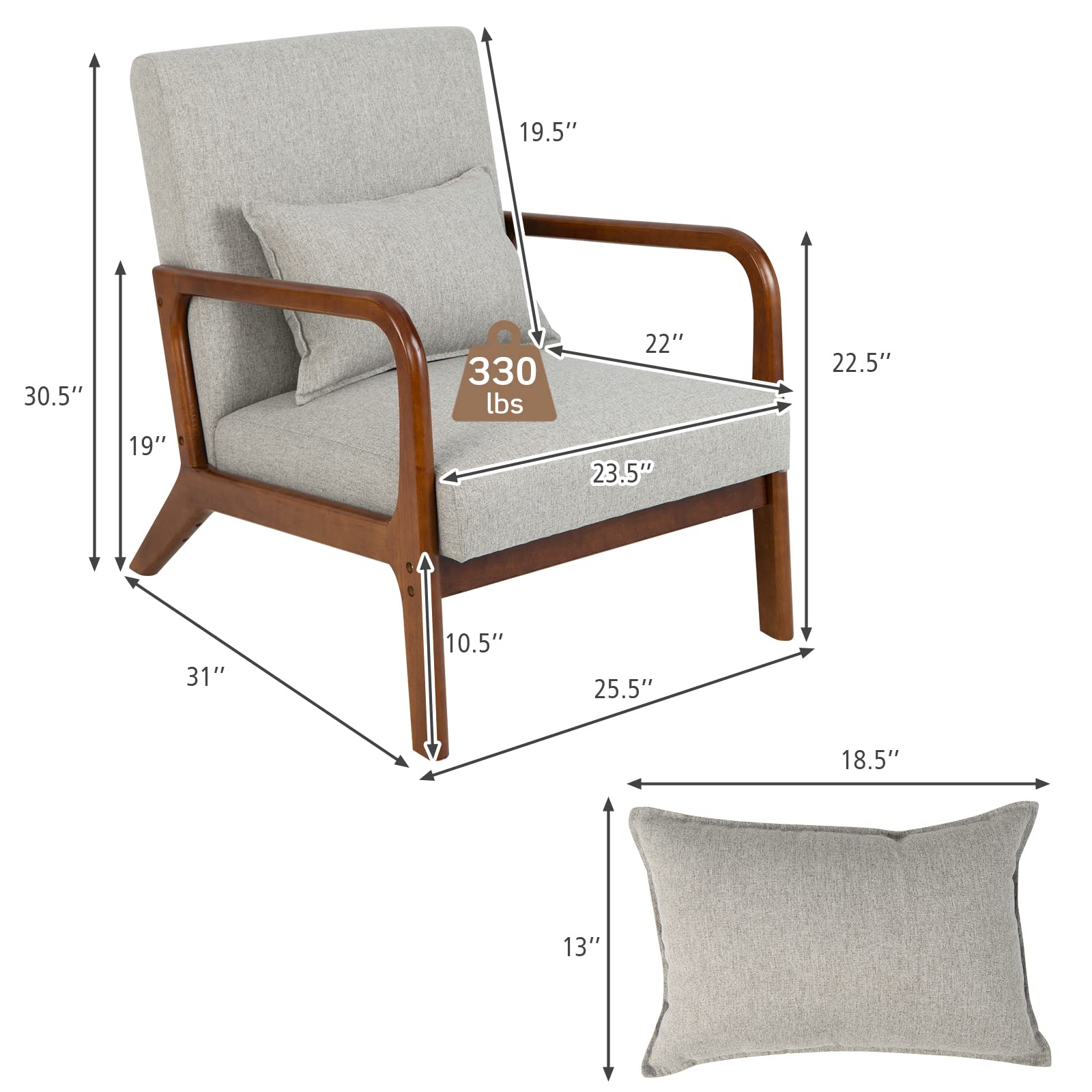 Mid Century Modern Chair, Indoor Living Room Leisure Accent Chair with Cushioned Seat & Back