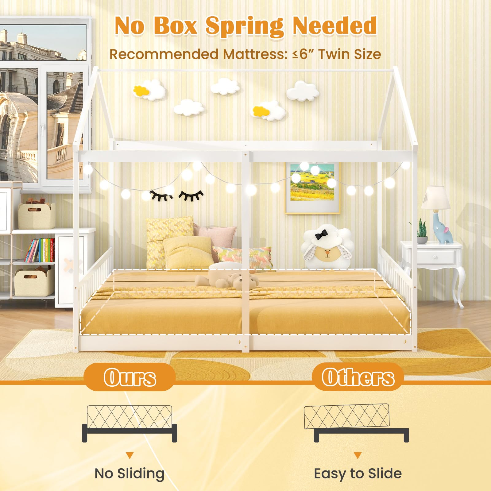 Double Twin Floor Beds for 2 Kids, Wood Twin Size House Beds with Safety Guardrails