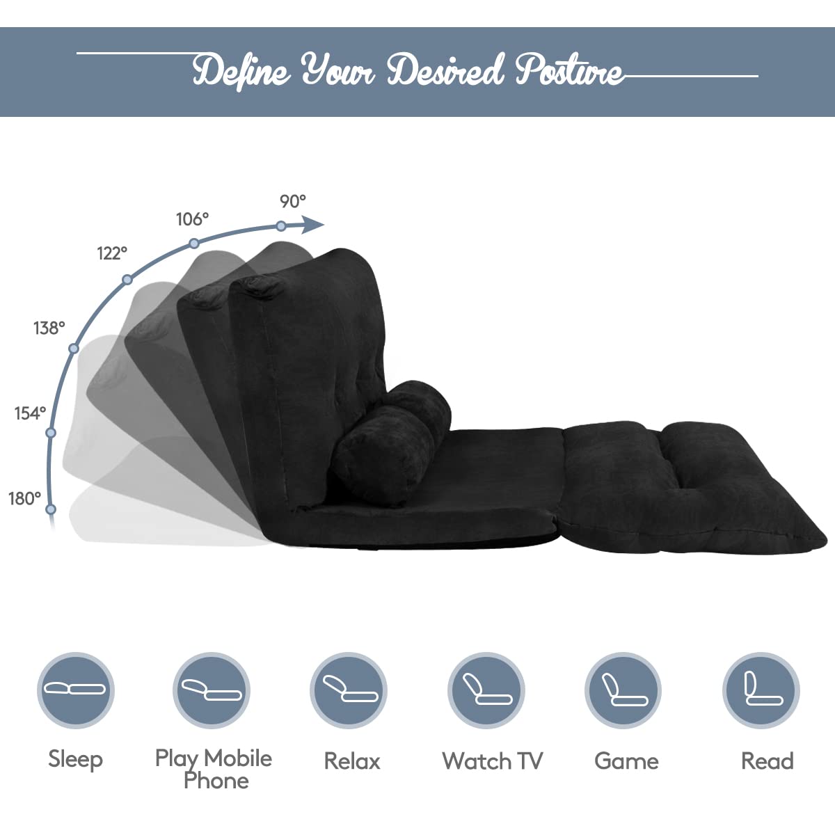 Multi-Functional 6-Position Foldable Lazy Floor Sofa with 2 Pillows