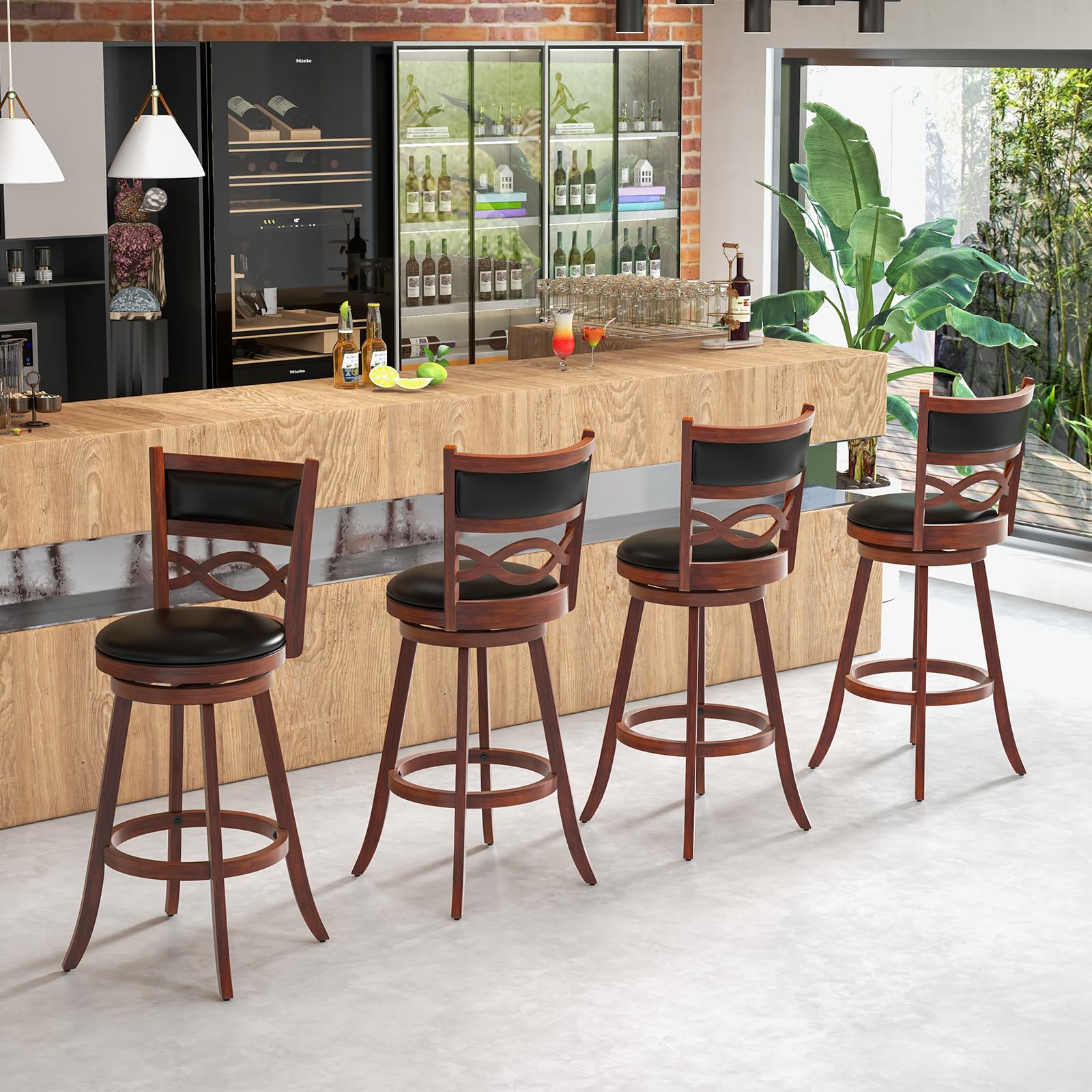 Bar Stools Set of 2/4, 24.5&rdquo; Counter Height Stools with Rubber Wood Frame, Faux Leather Upholstered Seat and Backrest
