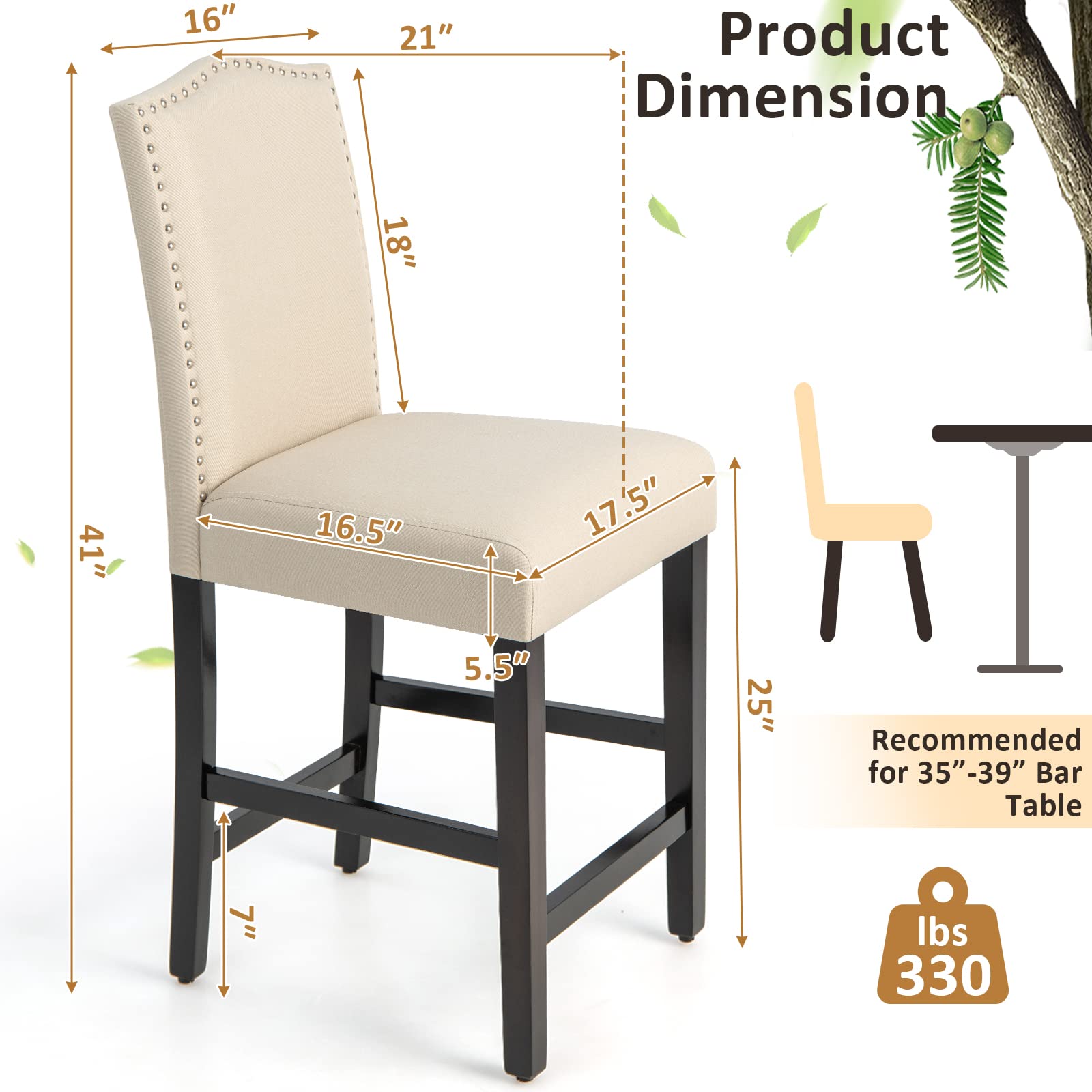 Bar Stools Set of 2/4, Counter Height Bar Dining Chairs with Rubber Wood Legs, Footrest