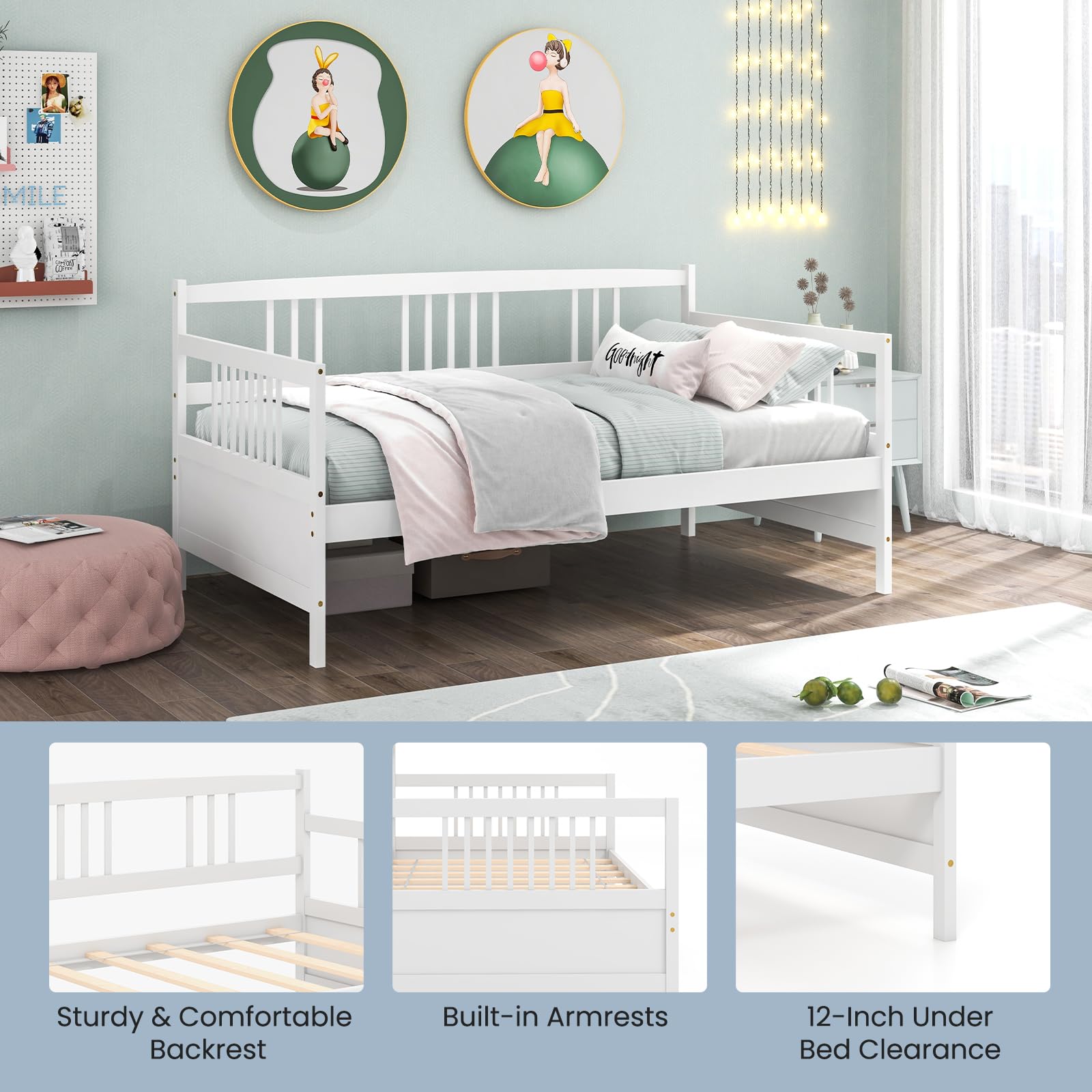 Twin Daybed Frame, Wooden Sofa Bed Guest Bed with Rails & Wood Slat Support