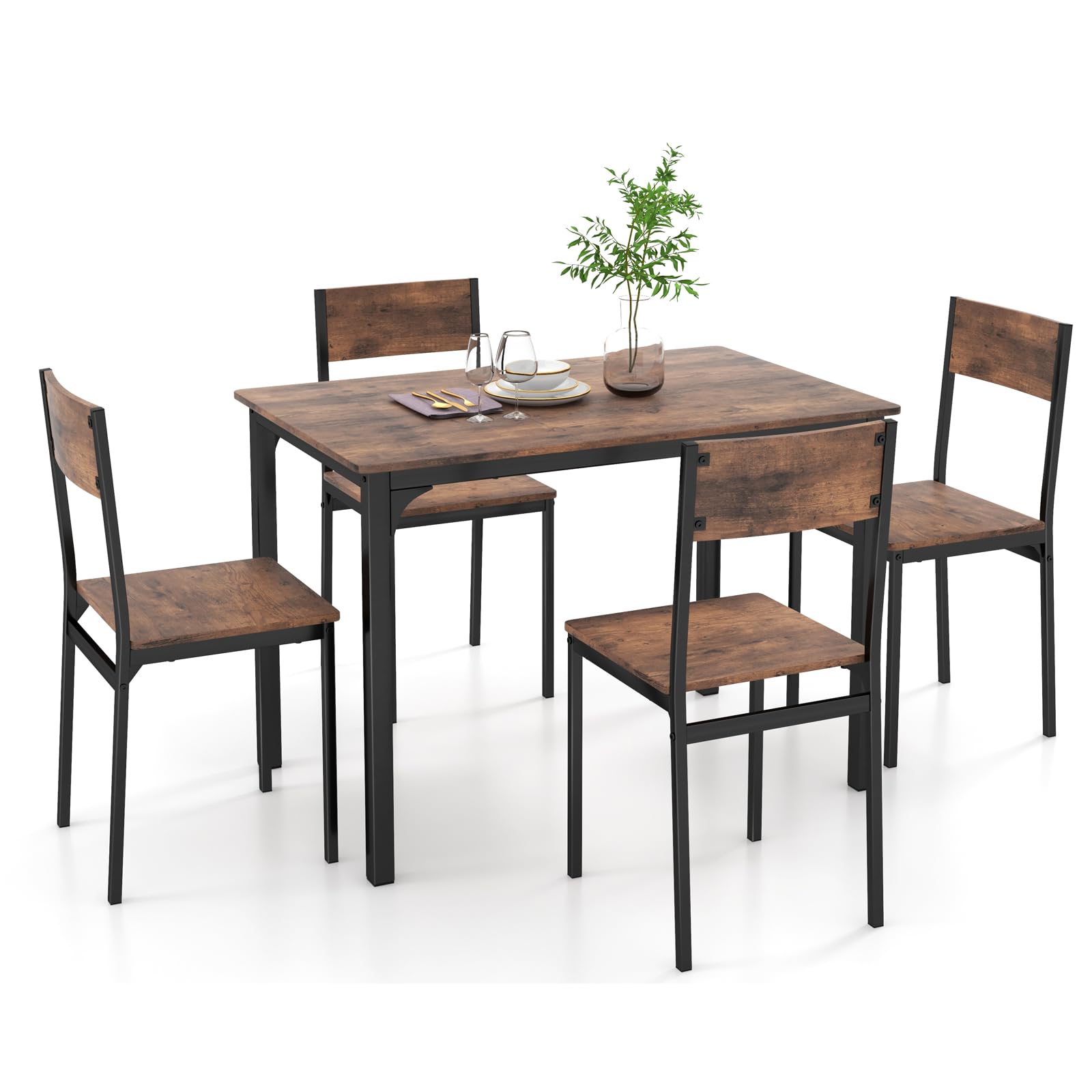 5-Piece Dining Table Set, Industrial Kitchen Table and Chairs for 4 with Backrest and Metal Frame