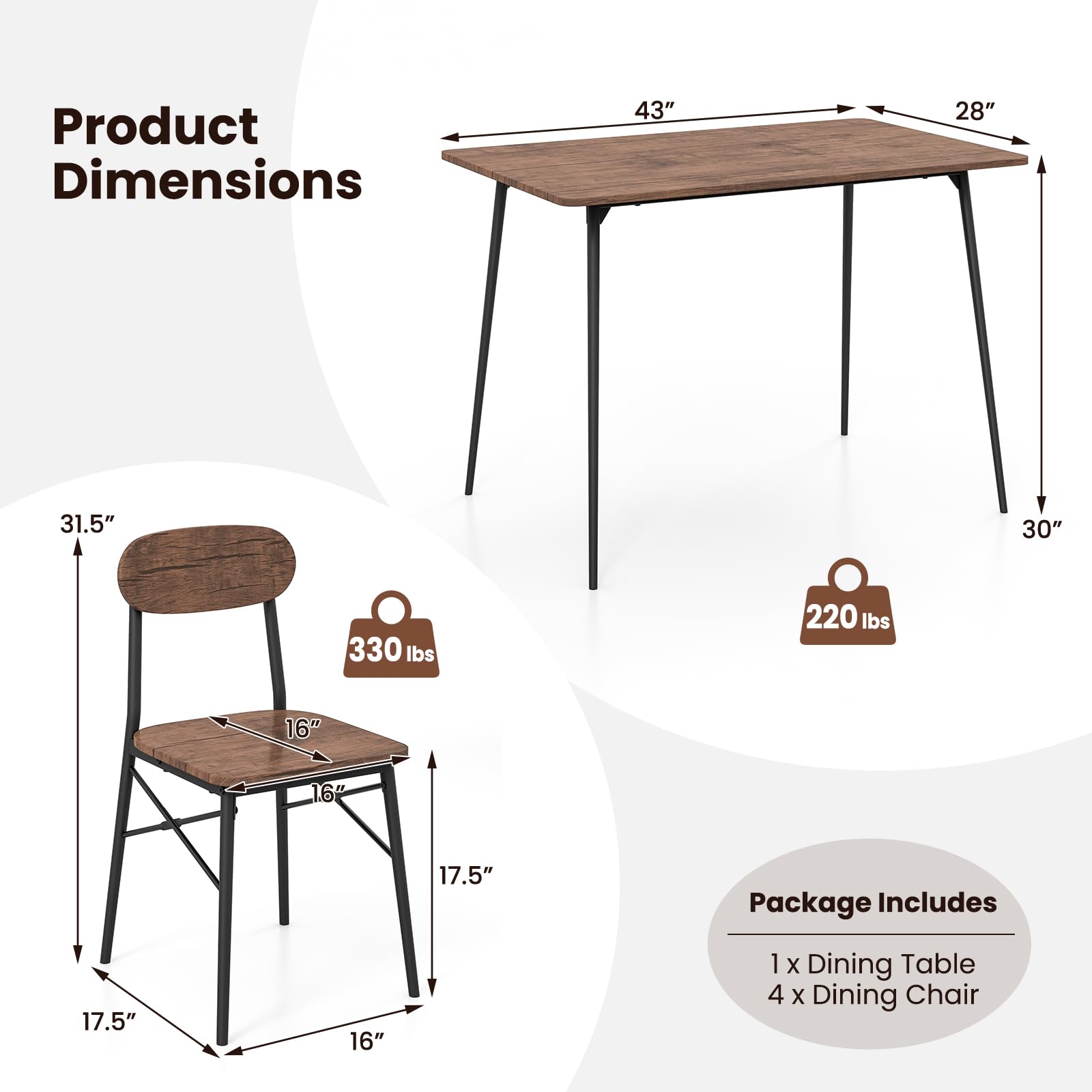 Dining Table Set for 4, Mid-Century Kitchen Furniture Set with Kitchen Table, 4 Dining Chairs