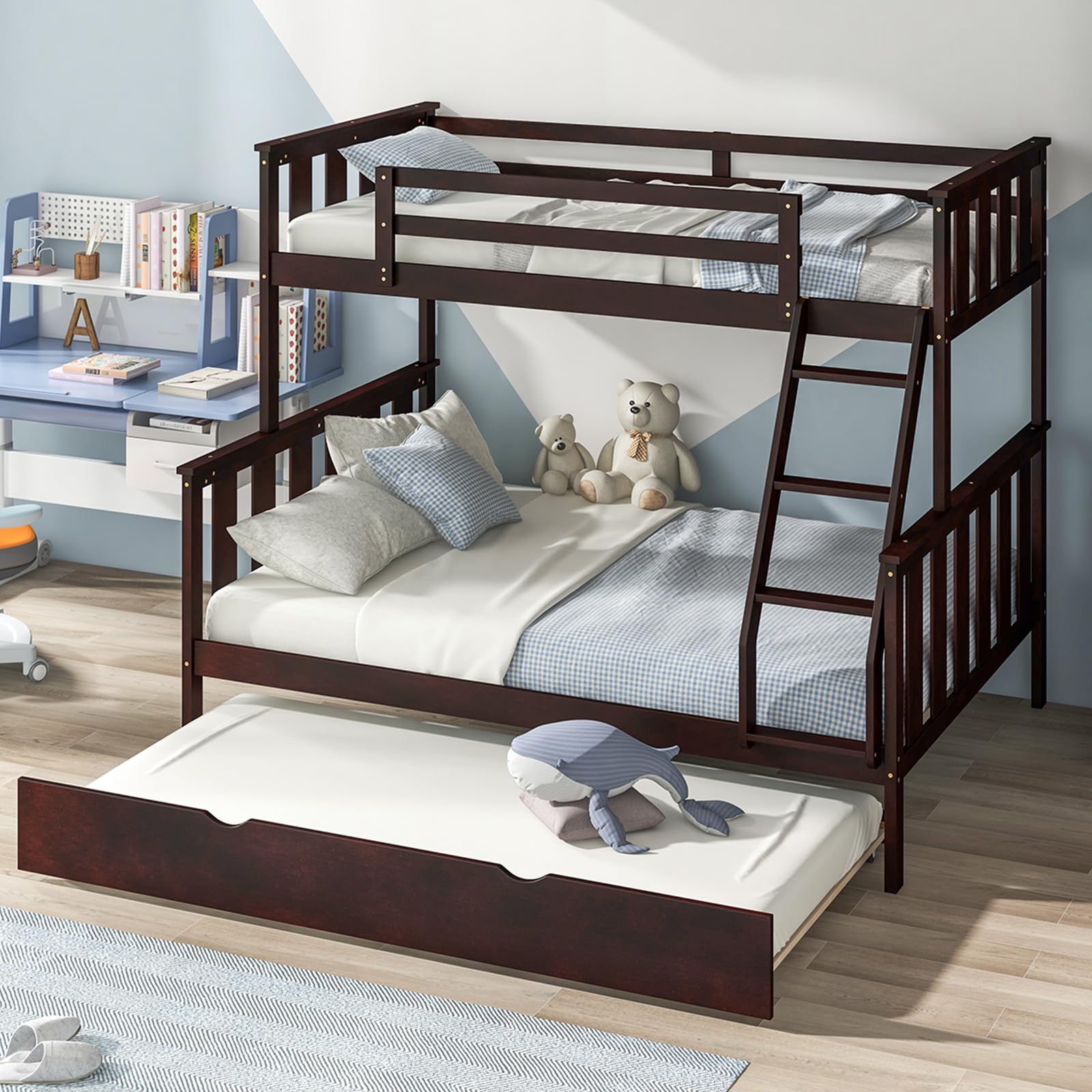 Convertible 3-in-1 Twin Over Full Bunk Bed with Trundle