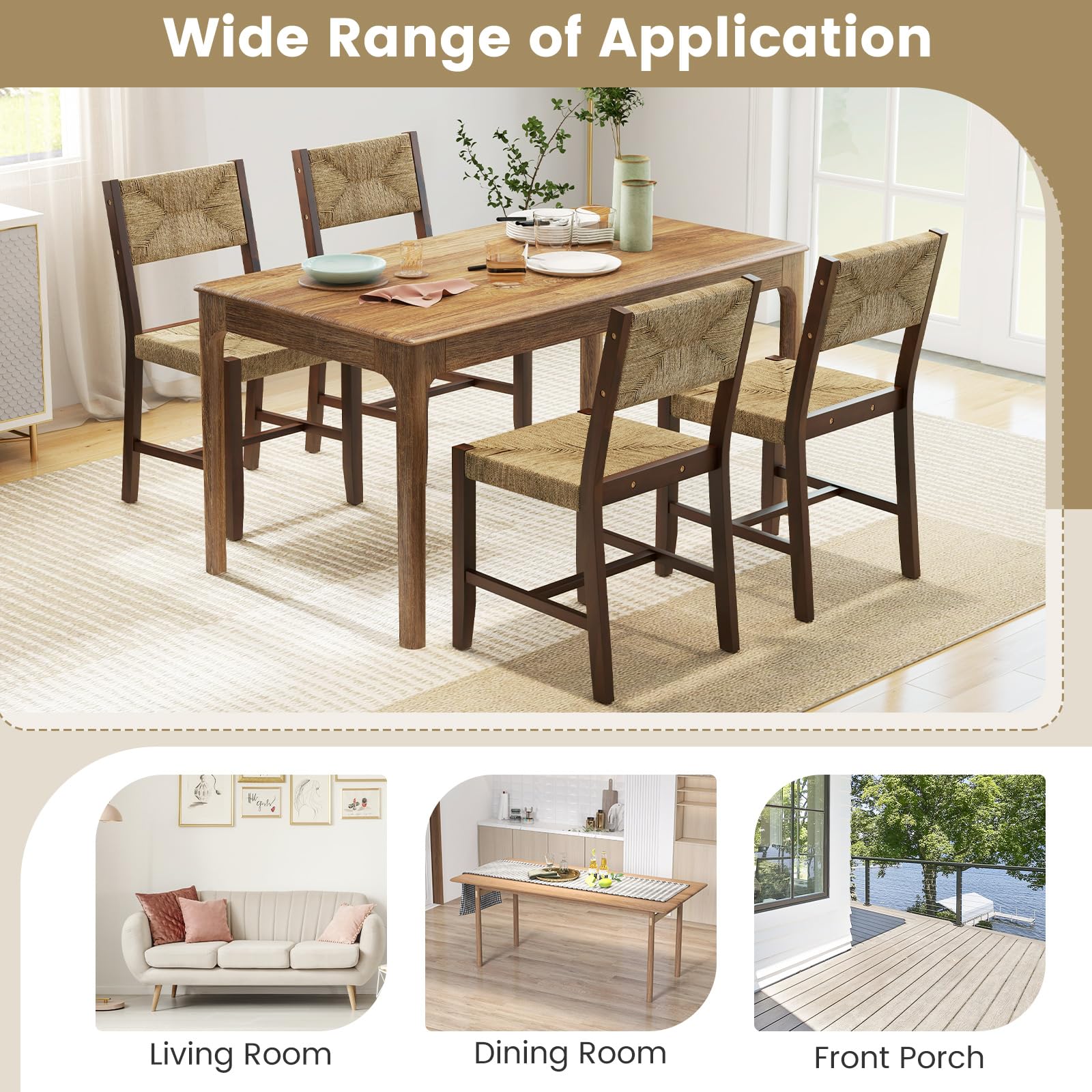 Rattan Dining Chairs Set of 2/4, Farmhouse Cane Side Chairs w/Woven Seaweed Backrest & Seat