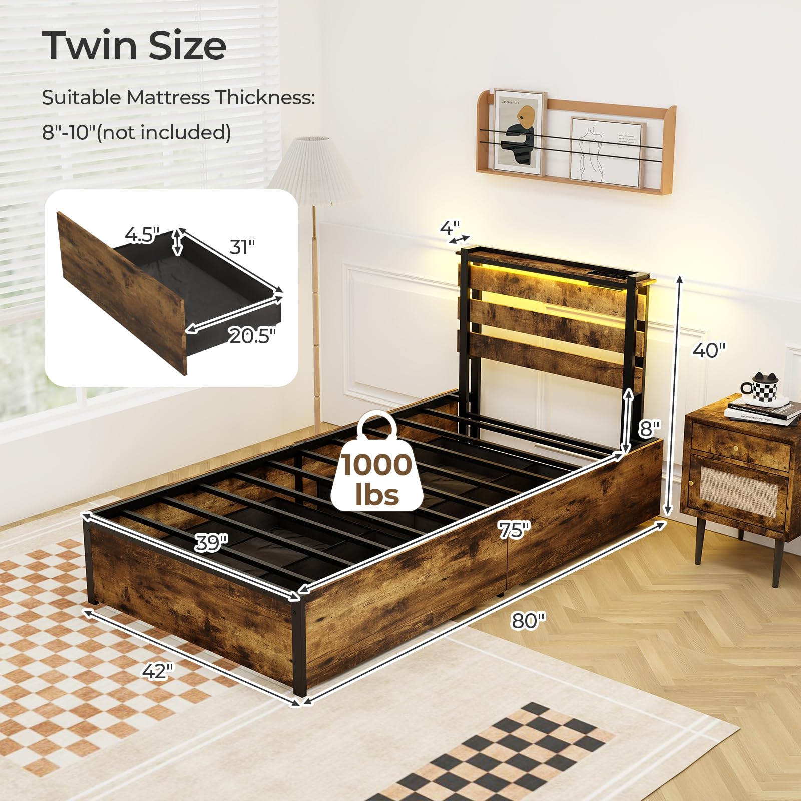 Industrial Bed Frame with 4 Drawers & LED Lights Headboard
