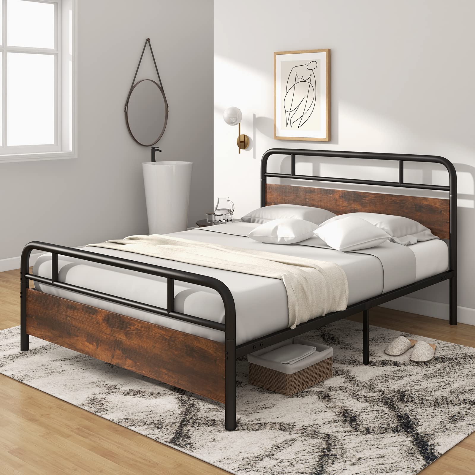 Industrial Metal Bed Frame with Wood Headboard and Footboard, Rustic Brown
