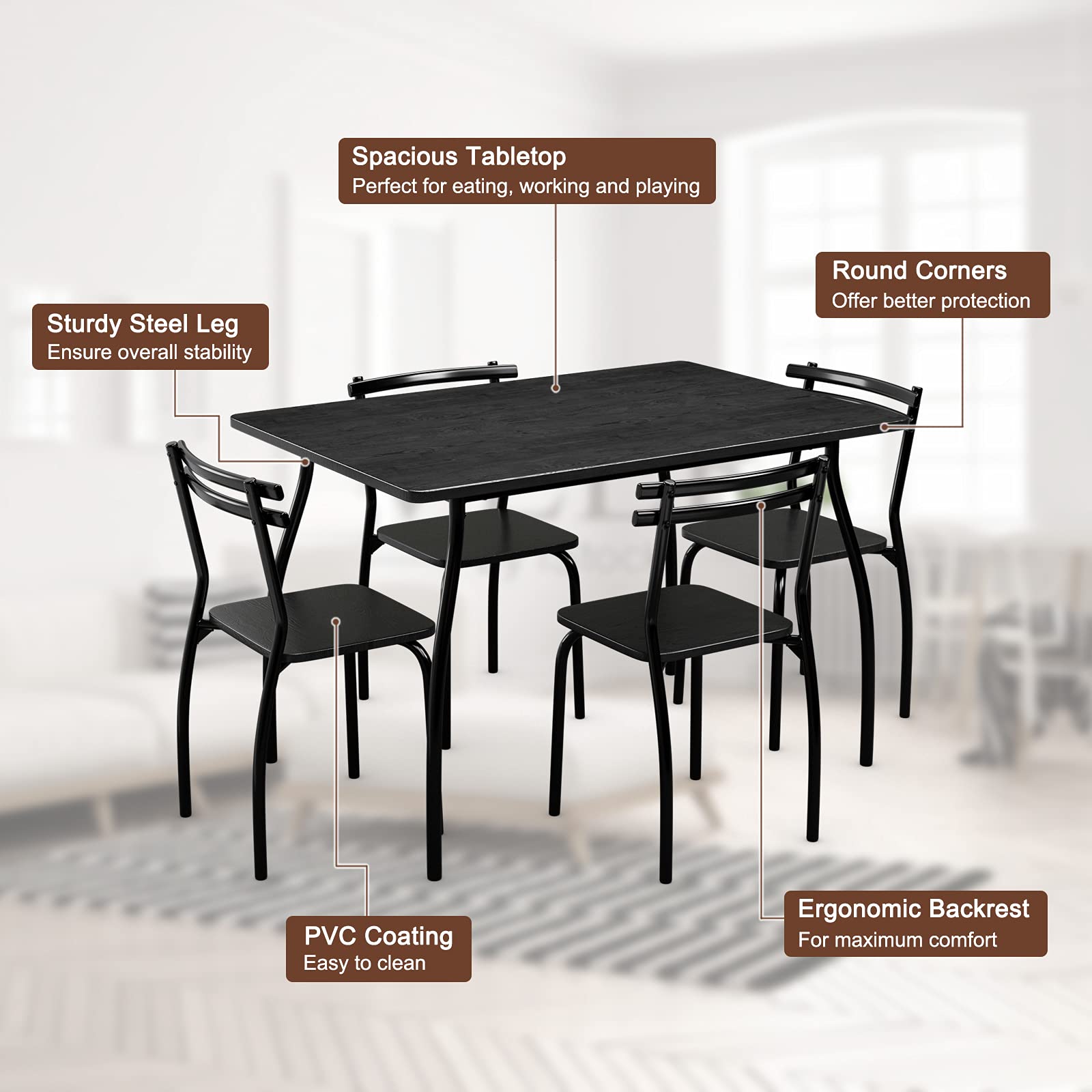 5 Piece Dining Table Set and 4 Chairs, Home Kitchen Room Breakfast Furniture