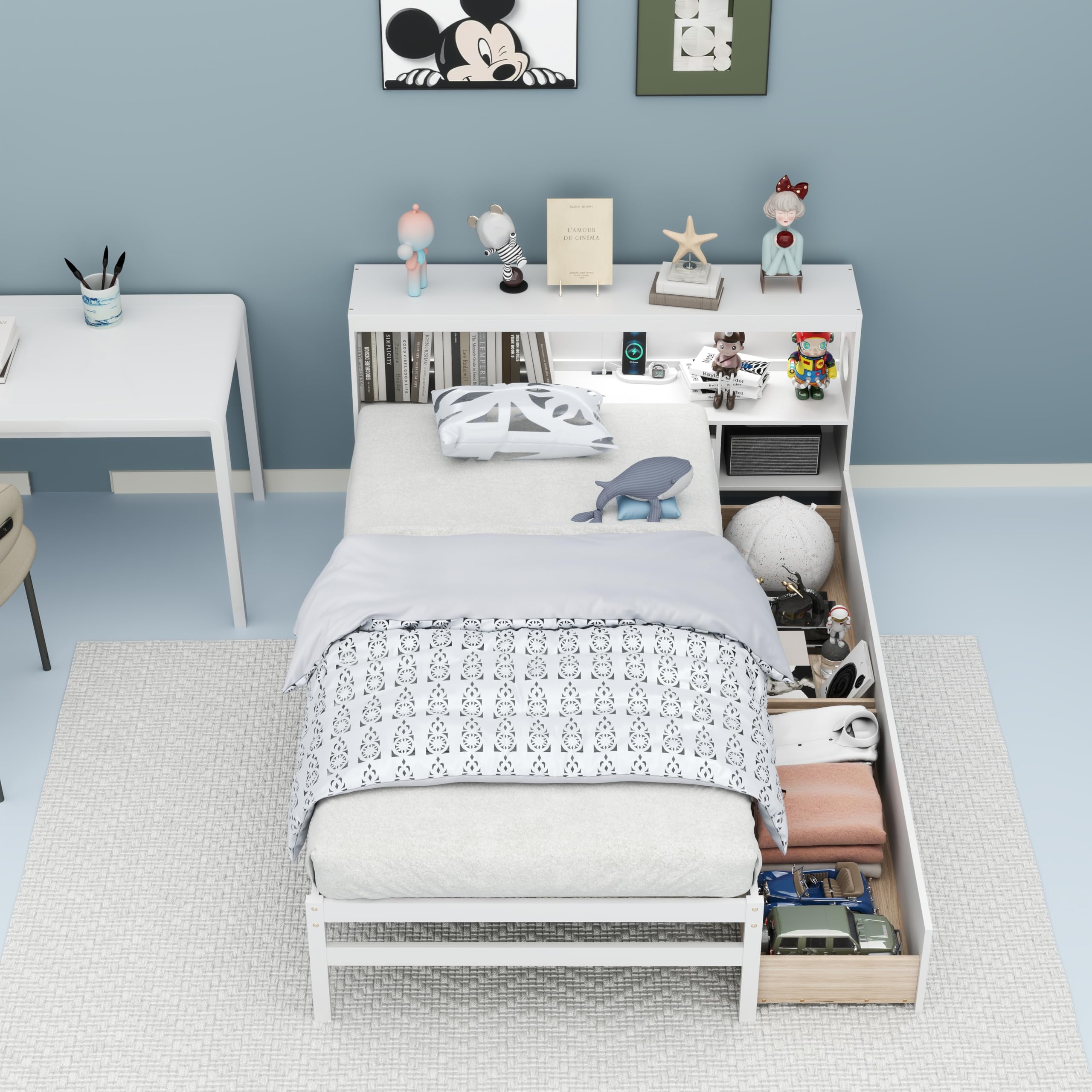 Wood Twin Bed Frame with Storage Drawer & Headboard, Modern Platform Bed with Charging Station & LED Light