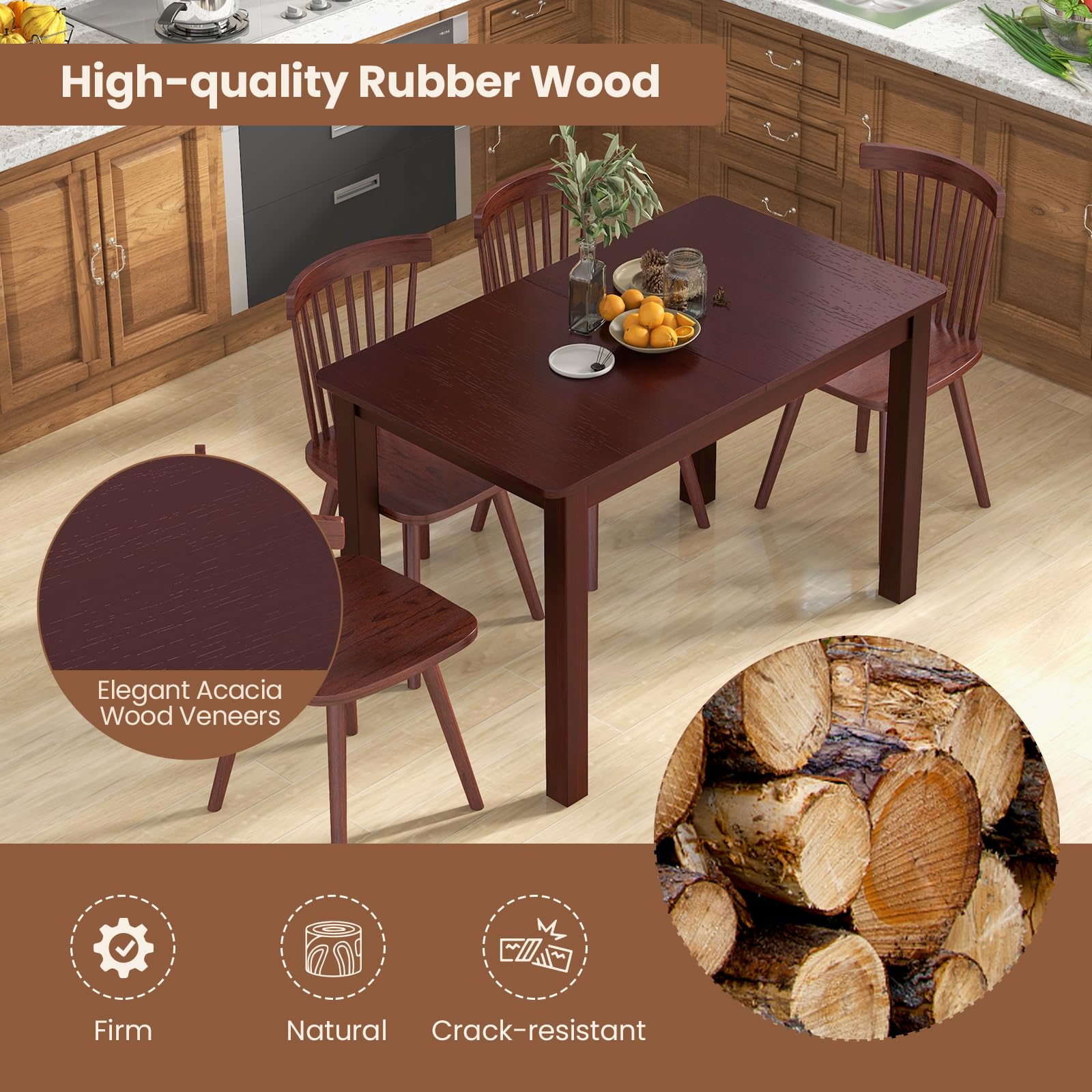 Extendable Dining Table for 4, 60" Folding Kitchen Table w/Rubber Wood Frame & Safety Locks