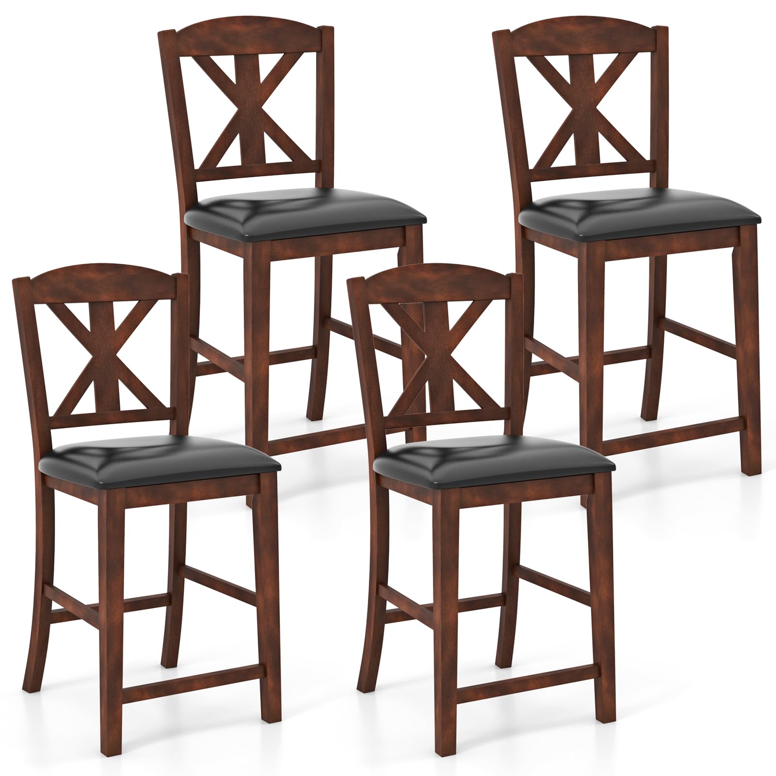 Wood Bar Stools Set of 2/4, 24" Upholstered Counter Height Bar Chairs w/Hollowed High Back, PU Leather, Rubber Wood Legs