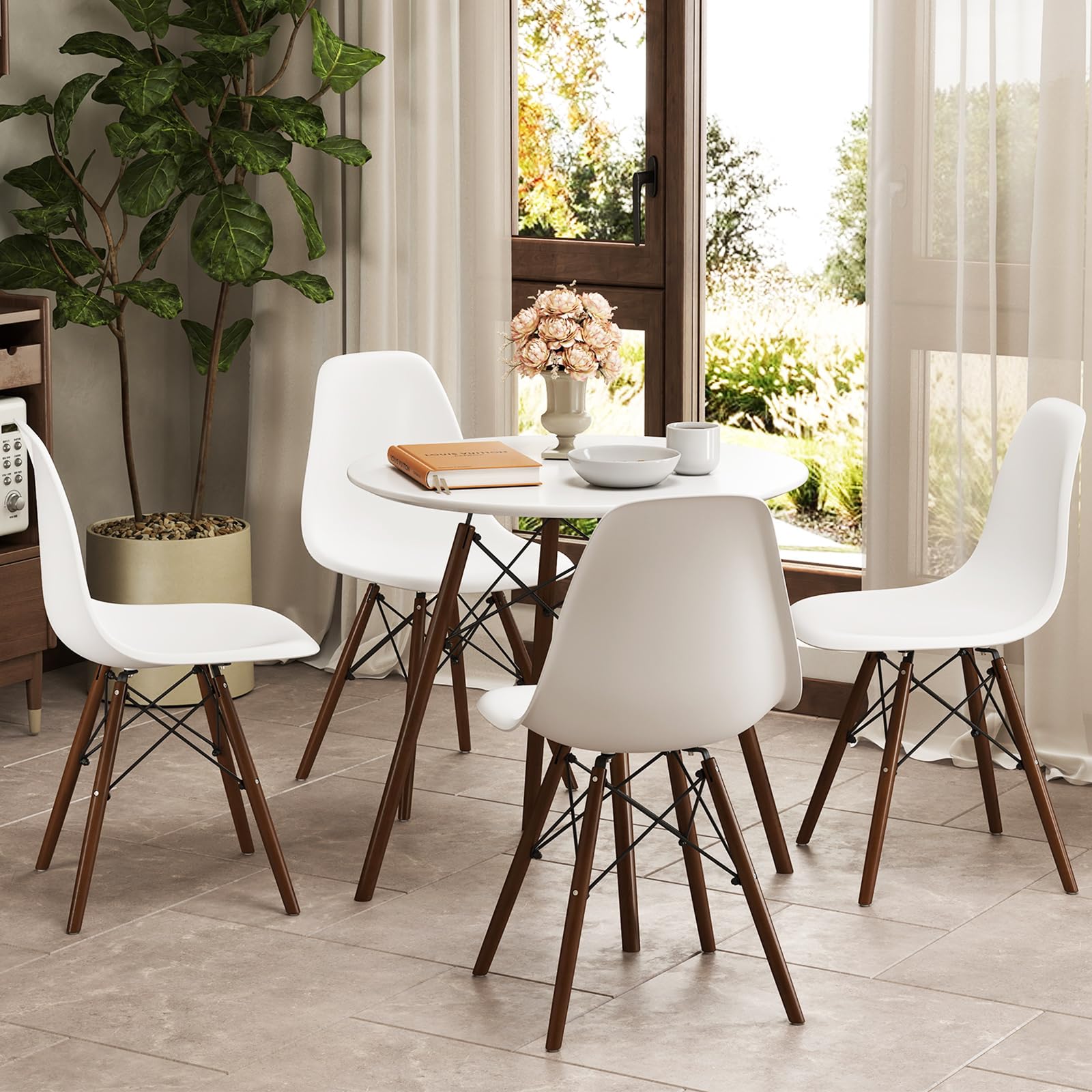 Round Dining Table Set for 4, Modern 31.5" D Dining Table & 4 Dining Chairs with Solid Wood Legs