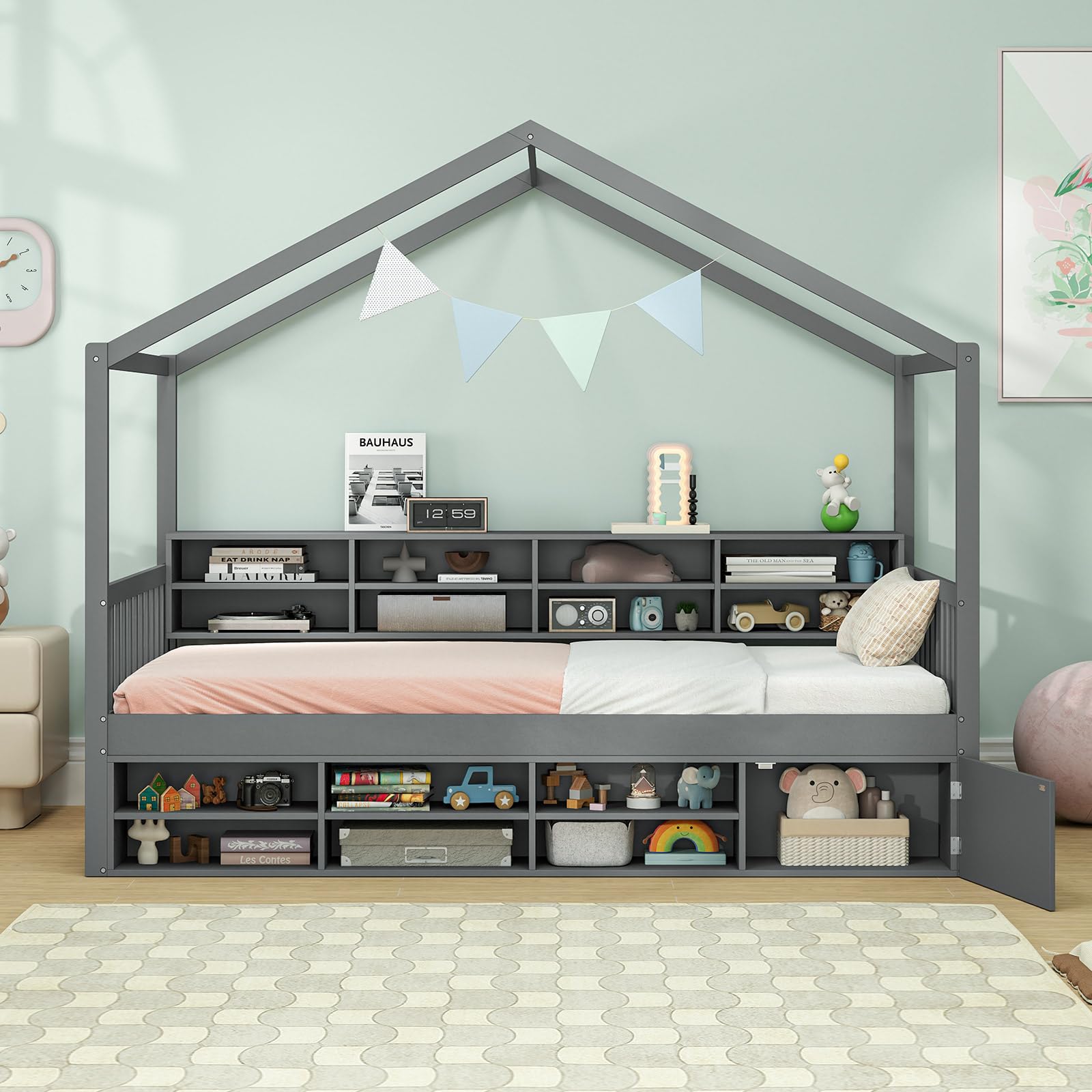 Twin Size House Bed with Storage, Wooden Montessori House Bed with 14 Storage Cubes, Enclosed Cabinet, Wood Slats & Fencing