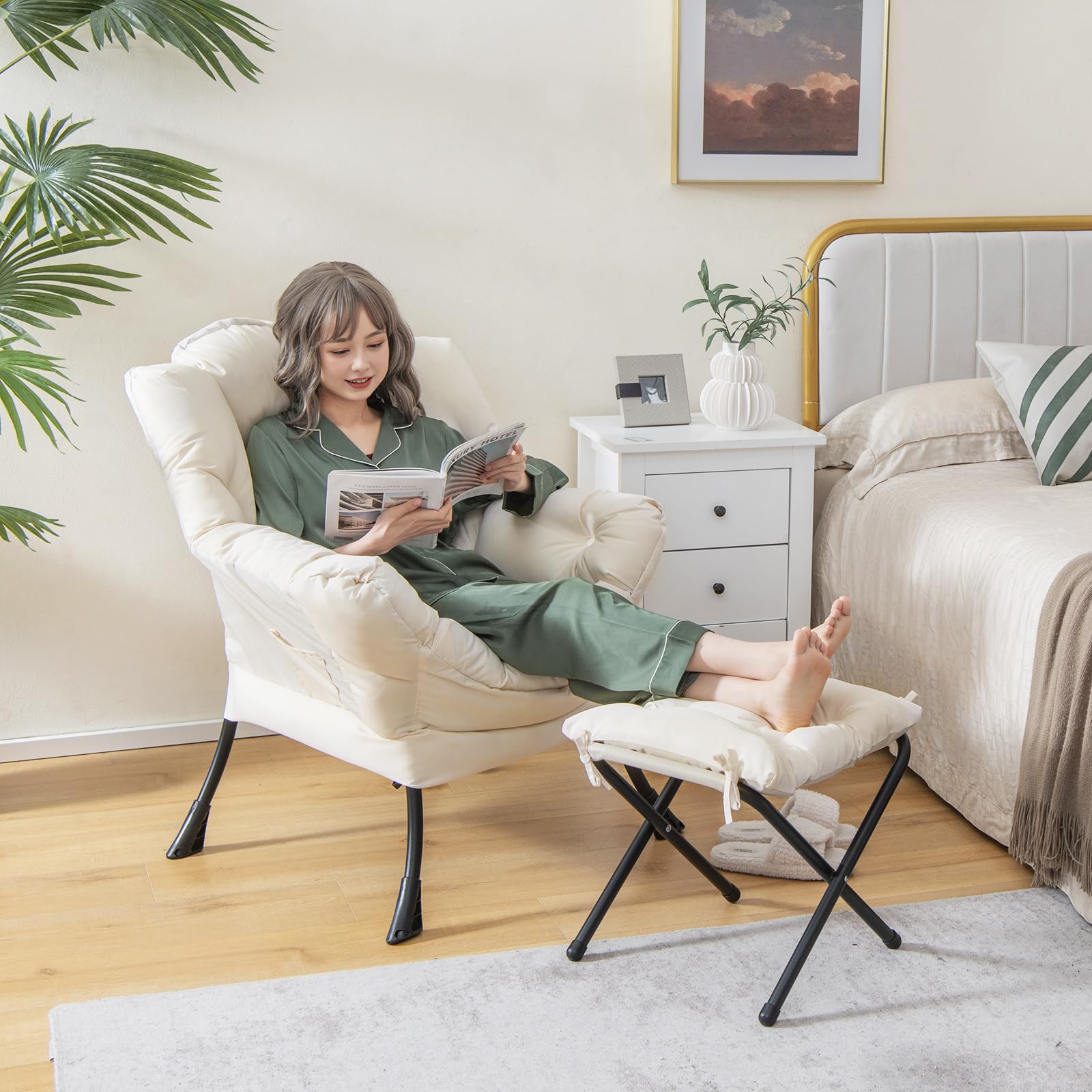 Lazy Sofa Chair with Ottoman, Upholstered Leisure Lounge Armchair with Folding Footrest, Side Storage Pocket