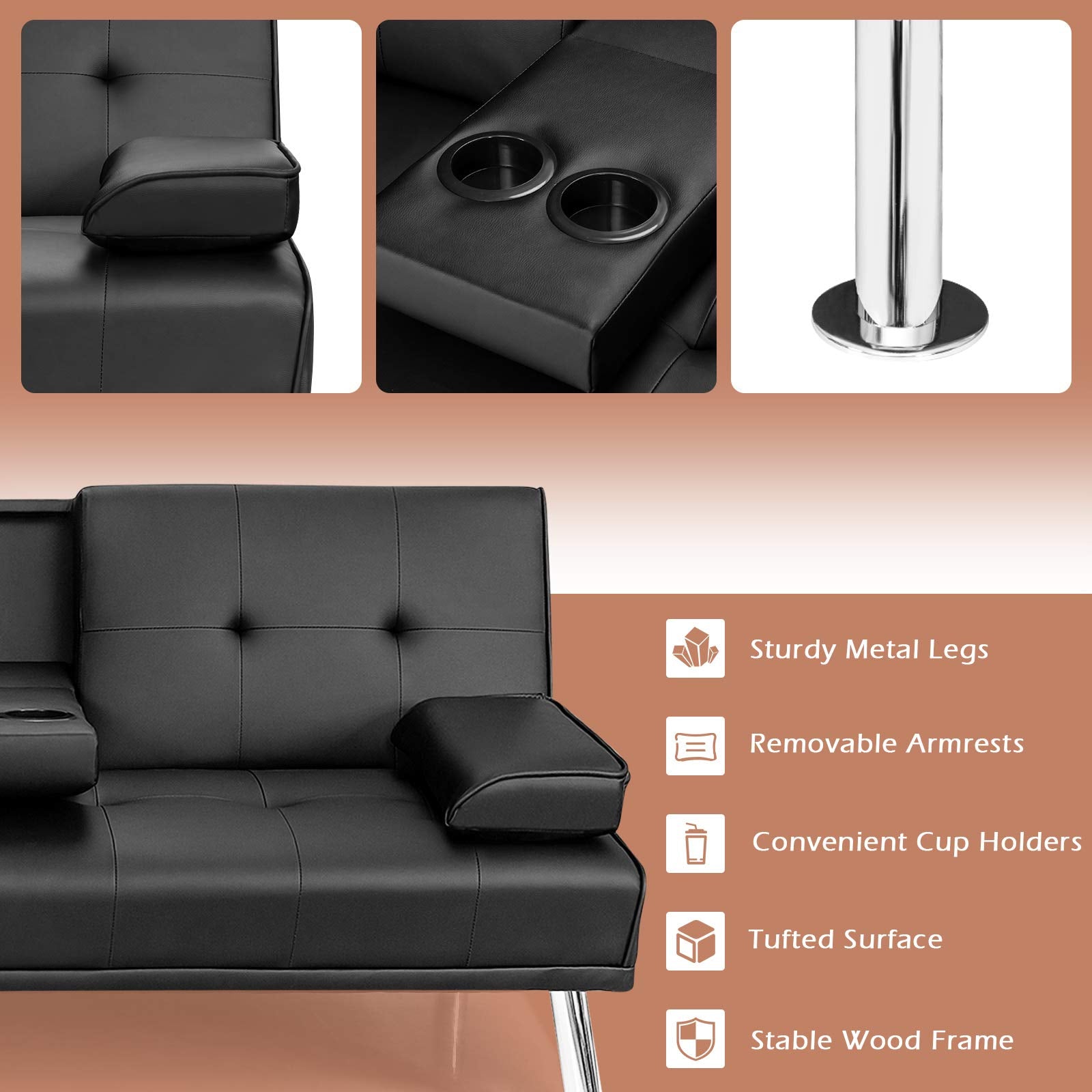 Leather Convertible Futon Sofa Bed with Removable Armrests and 2 Cup Holders